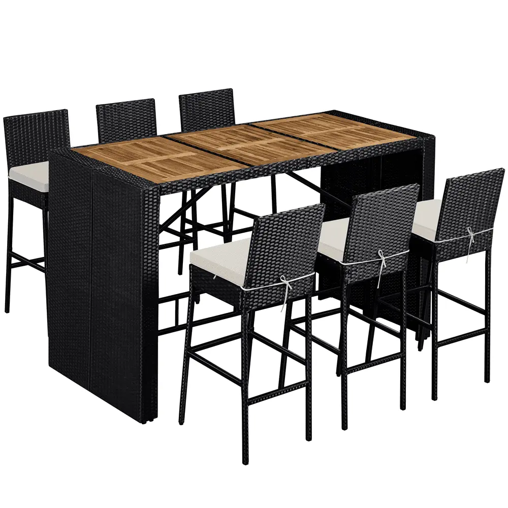 Alden Design 7 Pieces Patio Wicker Bar Set with Wood Table Top & Cushion for Outdoor. Black/Beige