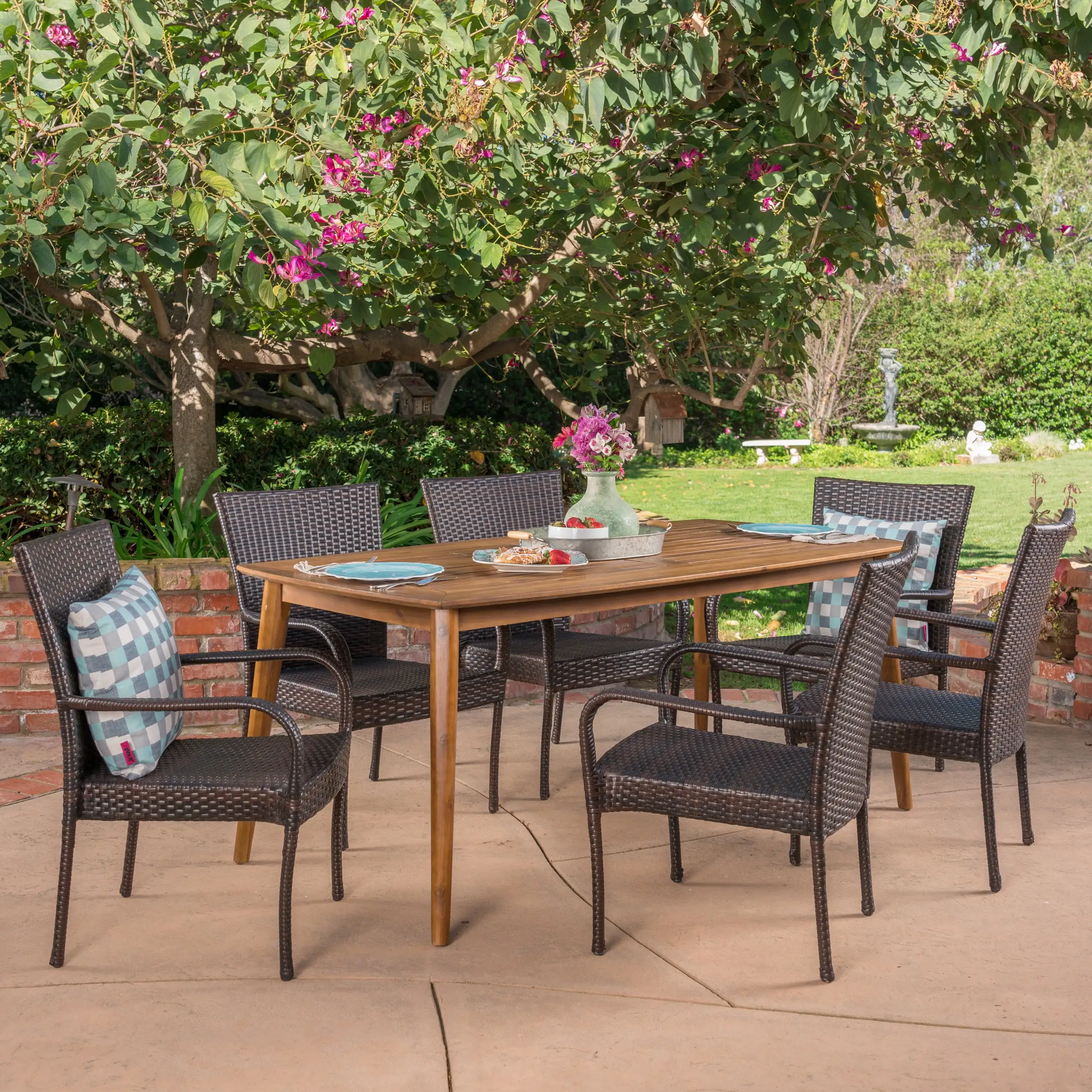 Alessandra Outdoor 7 Piece Wicker Dining Set with Rectangular Acacia Wood Dining Table. Teak. Multibrown