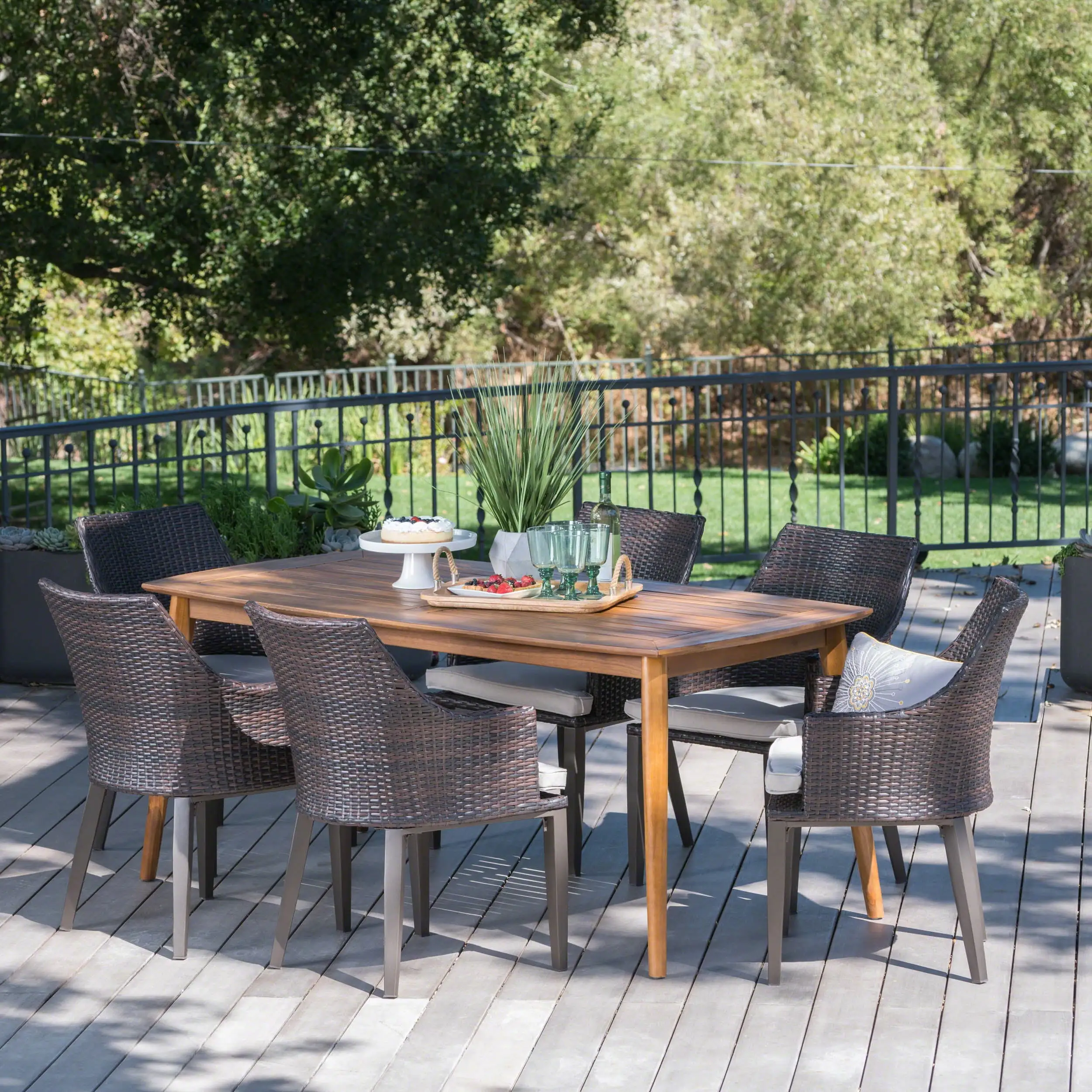 Alexa Outdoor 7 Piece Wicker Rectangular Dining Set with Acacia Wood Table and Cushions. Teak Finish. Multibrown. Light Brown