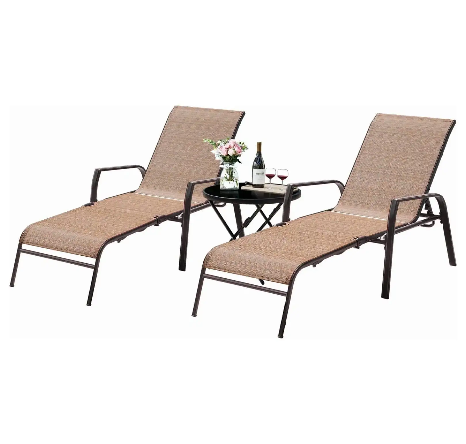 Alieon Adjustable Patio Chaise Lounge Set 3 Pieces Textiline Outdoor Foldable Metal Reclining Chairs with Sturdy Glass Top Bistro Table for Beach. Poolside. Backyard. Porch (Beige)