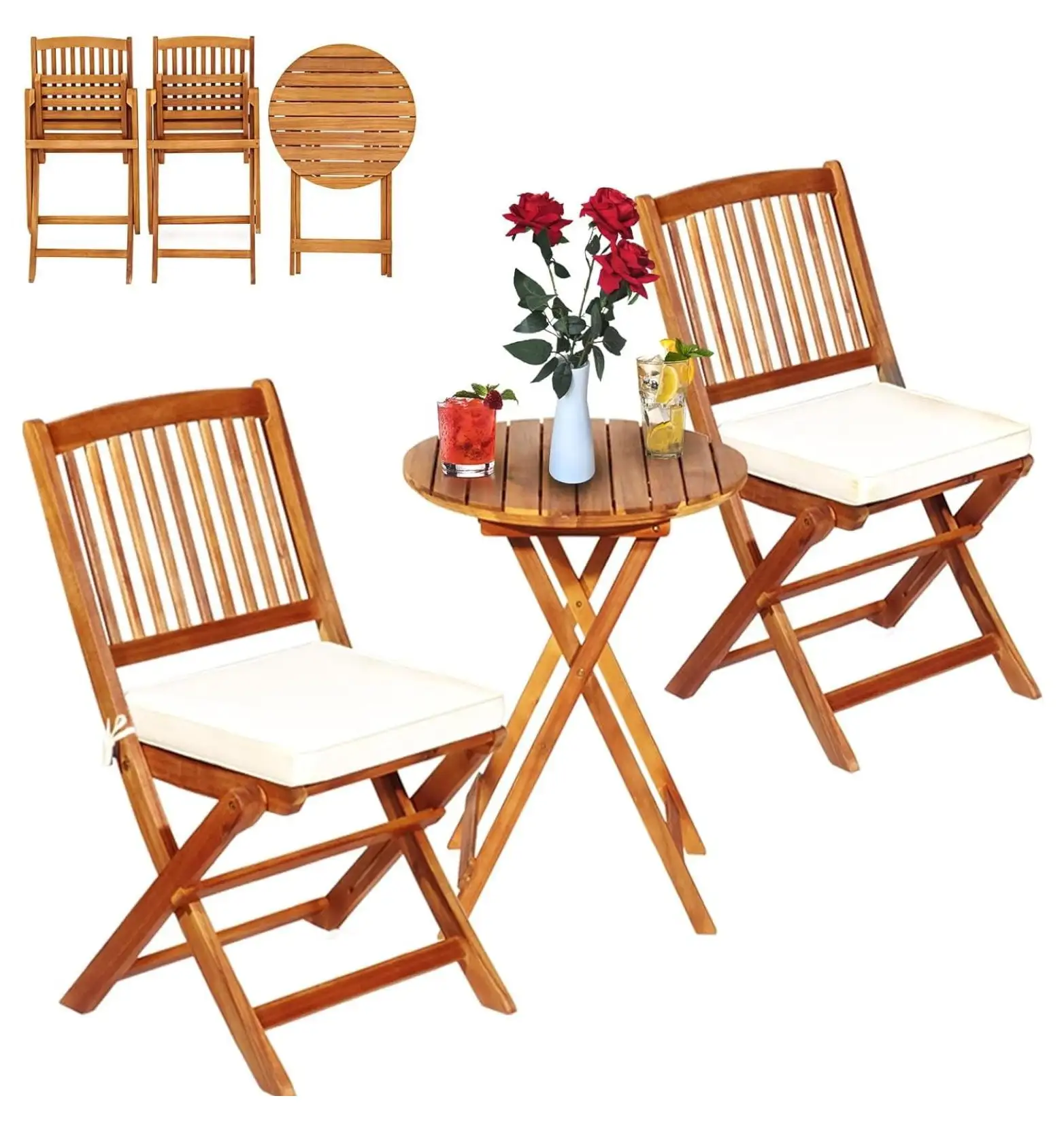 Alieon Bistro Table and Chairs Set of 2. Acacia Wood Folding Bistro Set for 2 with Detachable Soft Cushions. 3 Piece Outdoor Bistro Set for Patio. Balcony. Pool. Garden & Yard (Natural Color)