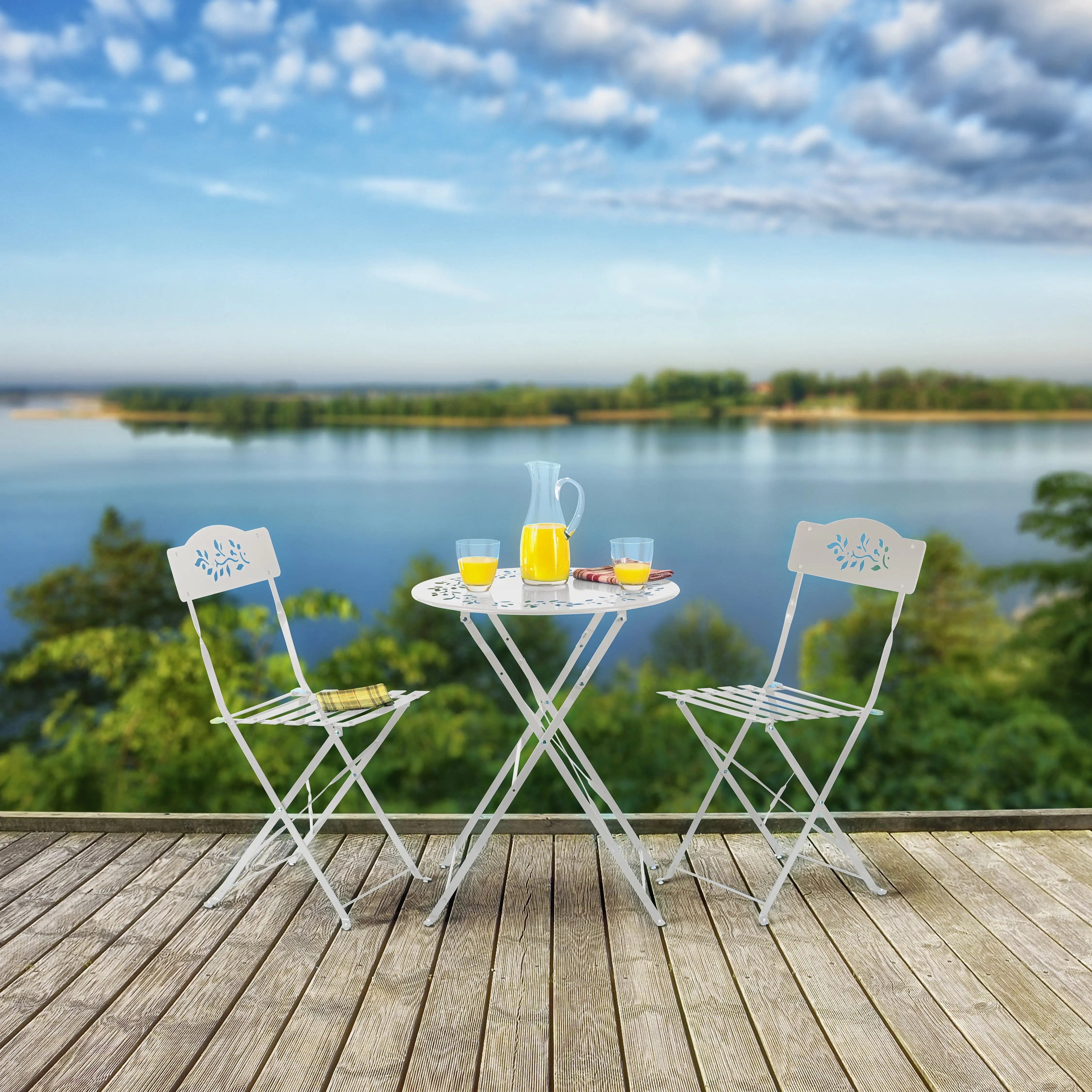 Alpine Corporation 3-Piece Metal Floral Patio Bistro Set with Table and 2 Chairs. White