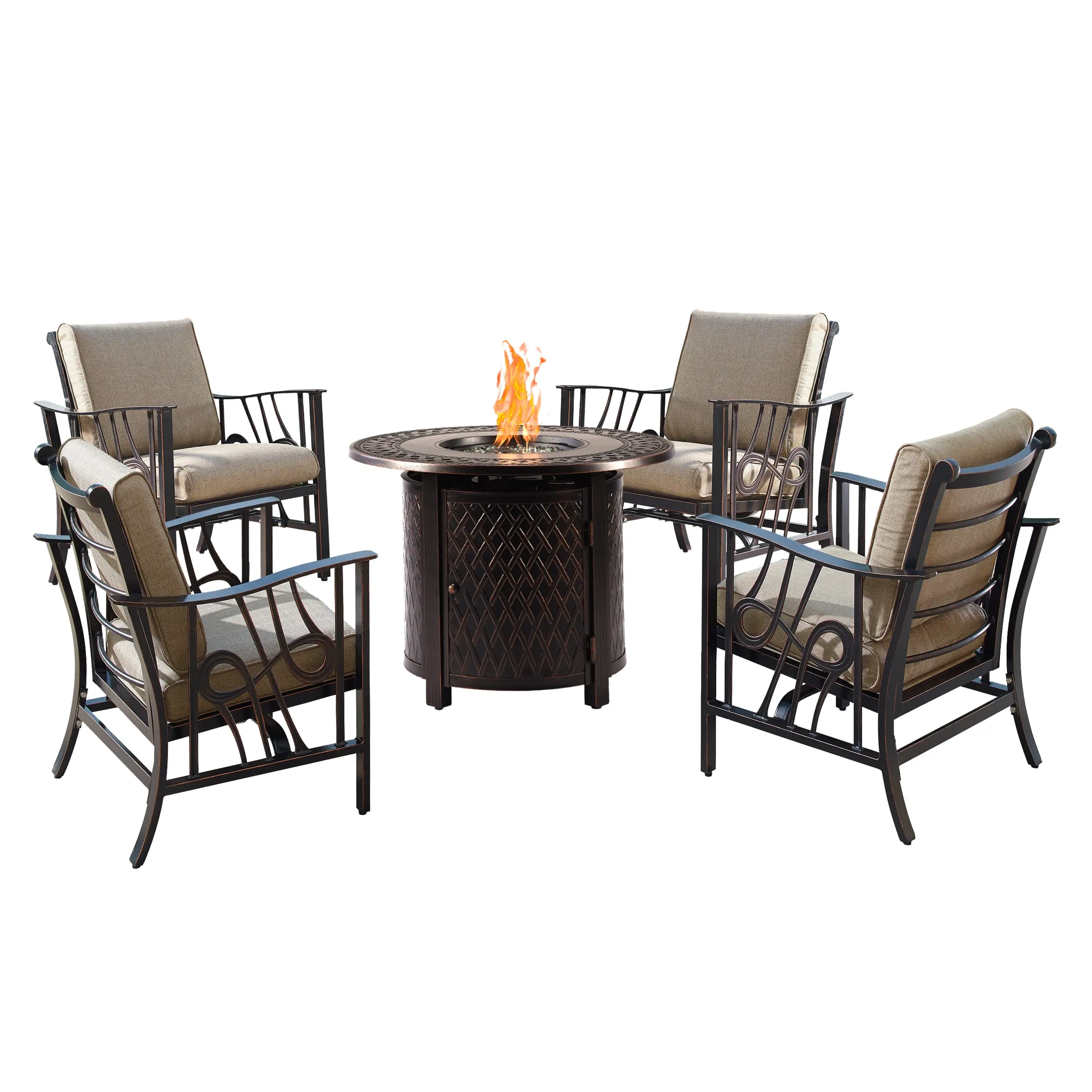 Aluminum 34-in Round Antique Copper Fire Table Set with Rocking Chairs