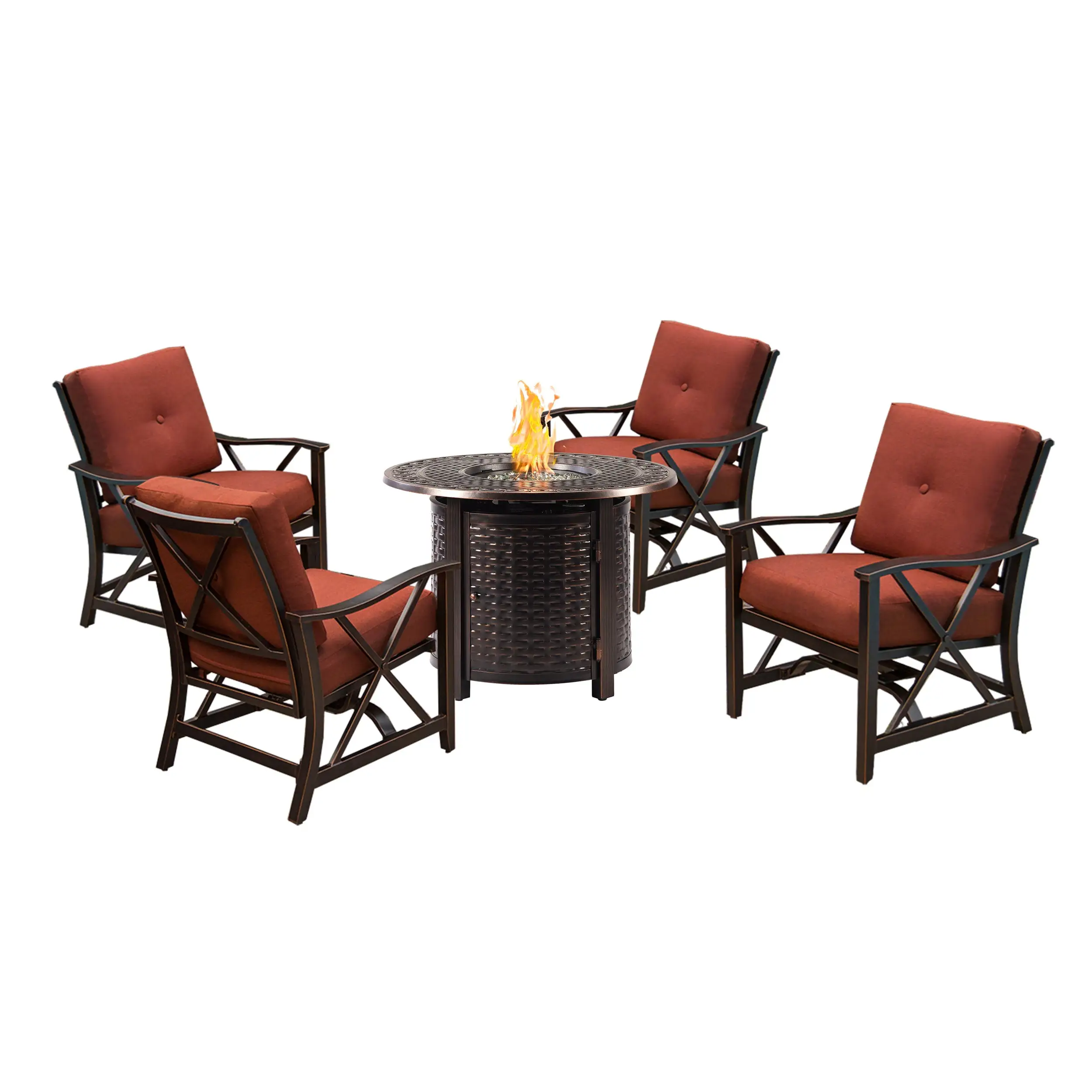 Aluminum 34-in Round Antique Copper Fire Table Set with Rocking Chairs