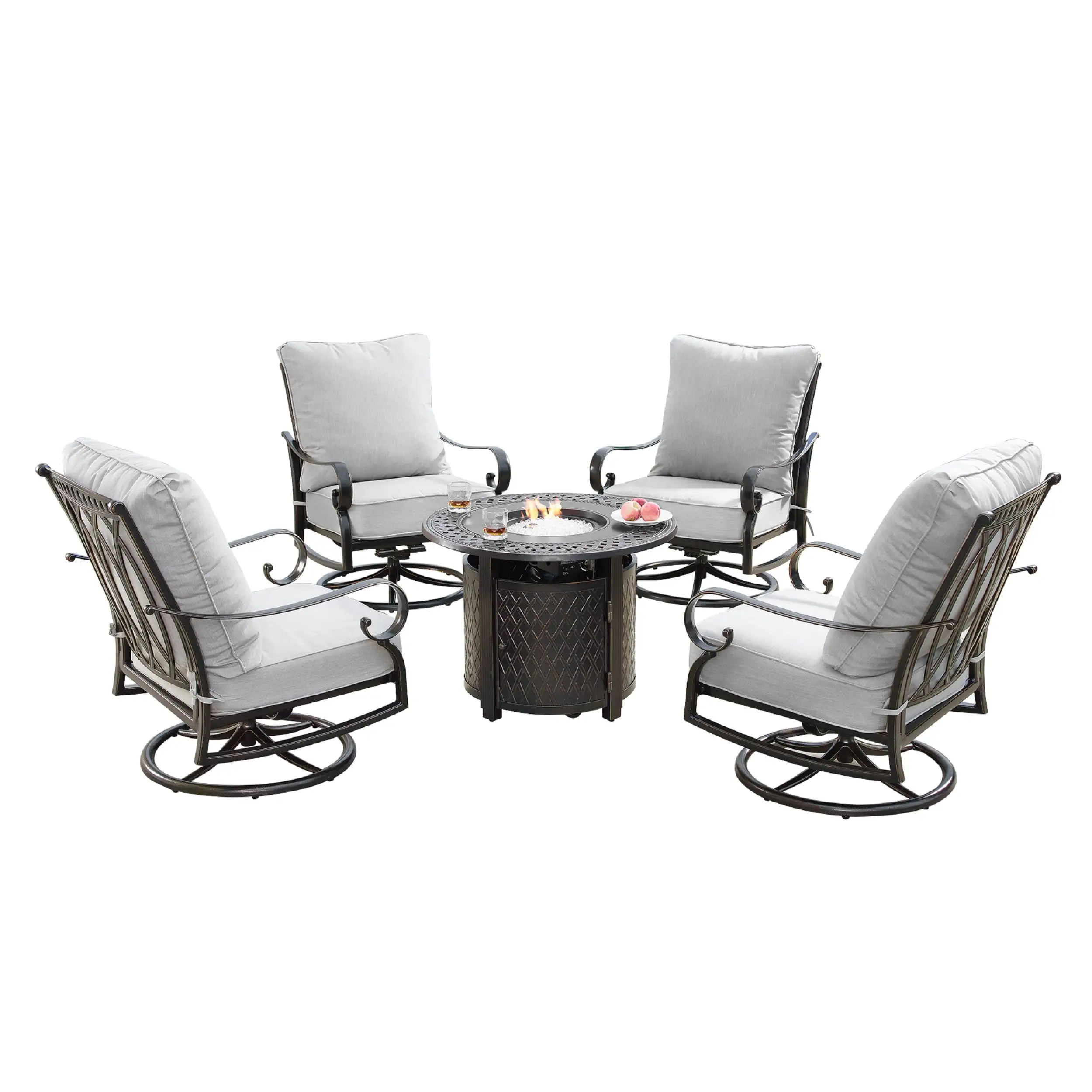 Aluminum 34-in Round Patio Fire Table Set with Swivel Rocking Chairs