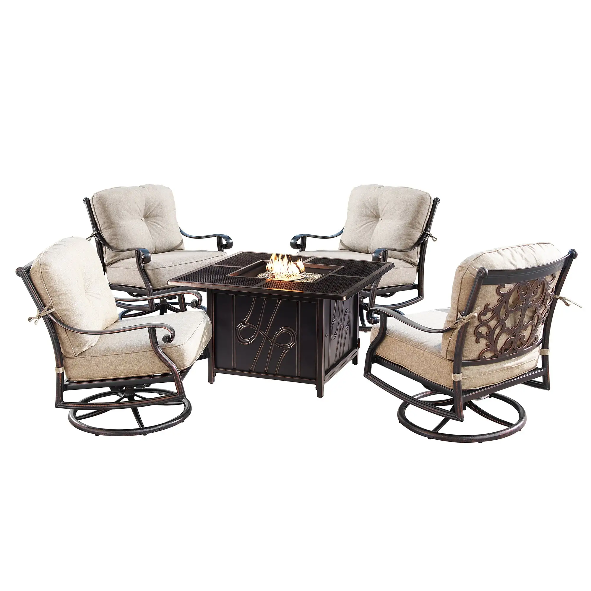 Aluminum 42-in Square Patio Fire Table Set with Swivel Rocking Chairs