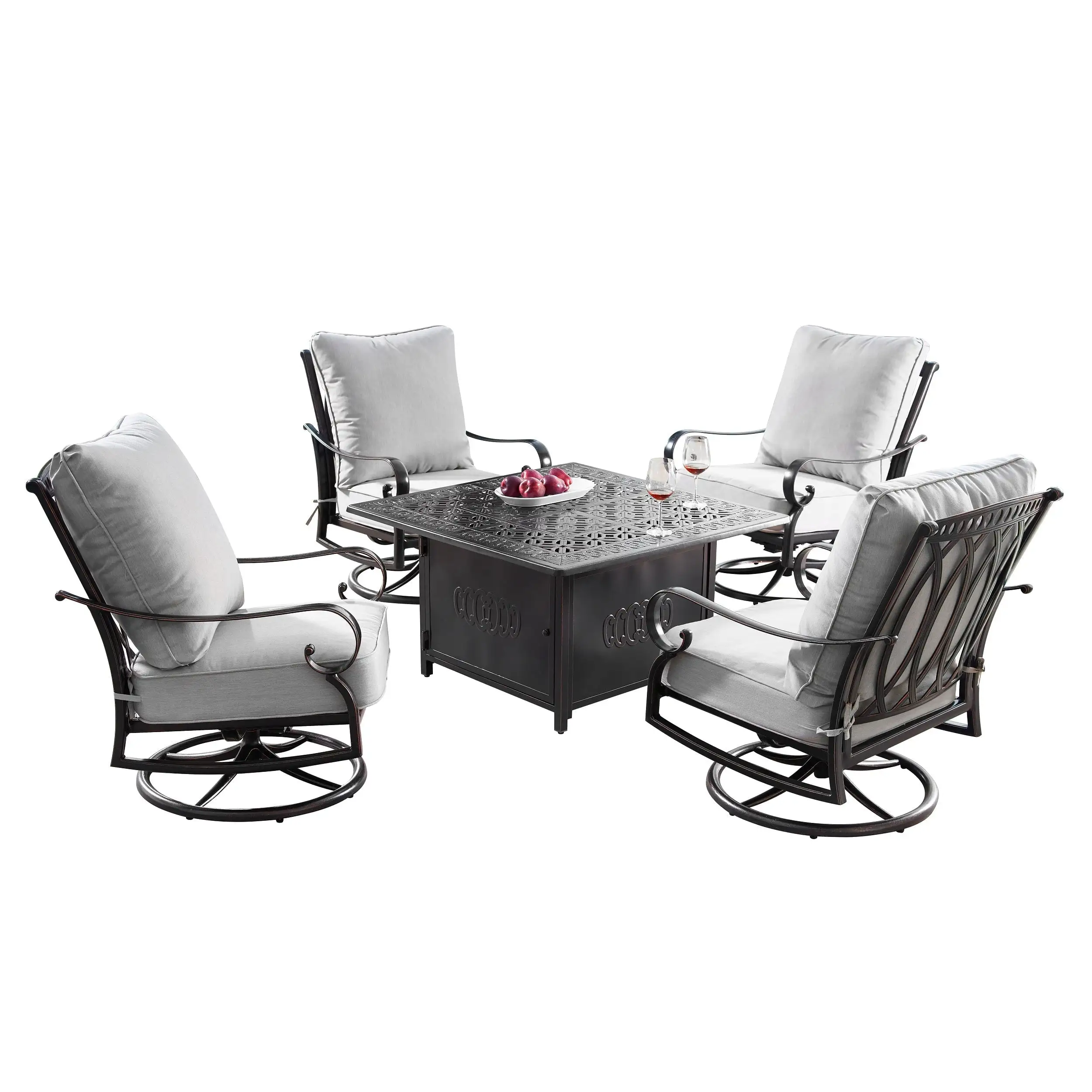 Aluminum 42-in Square Patio Fire Table Set with Swivel Rocking Chairs