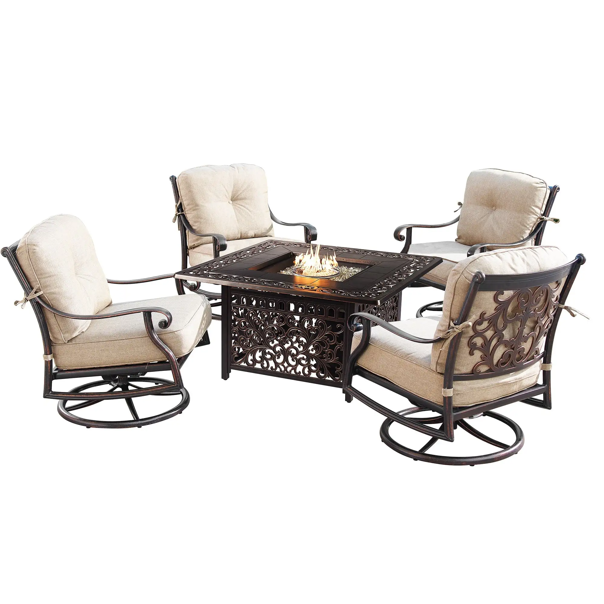 Aluminum 42-in Square Patio Fire Table Set with Swivel Rocking Chairs