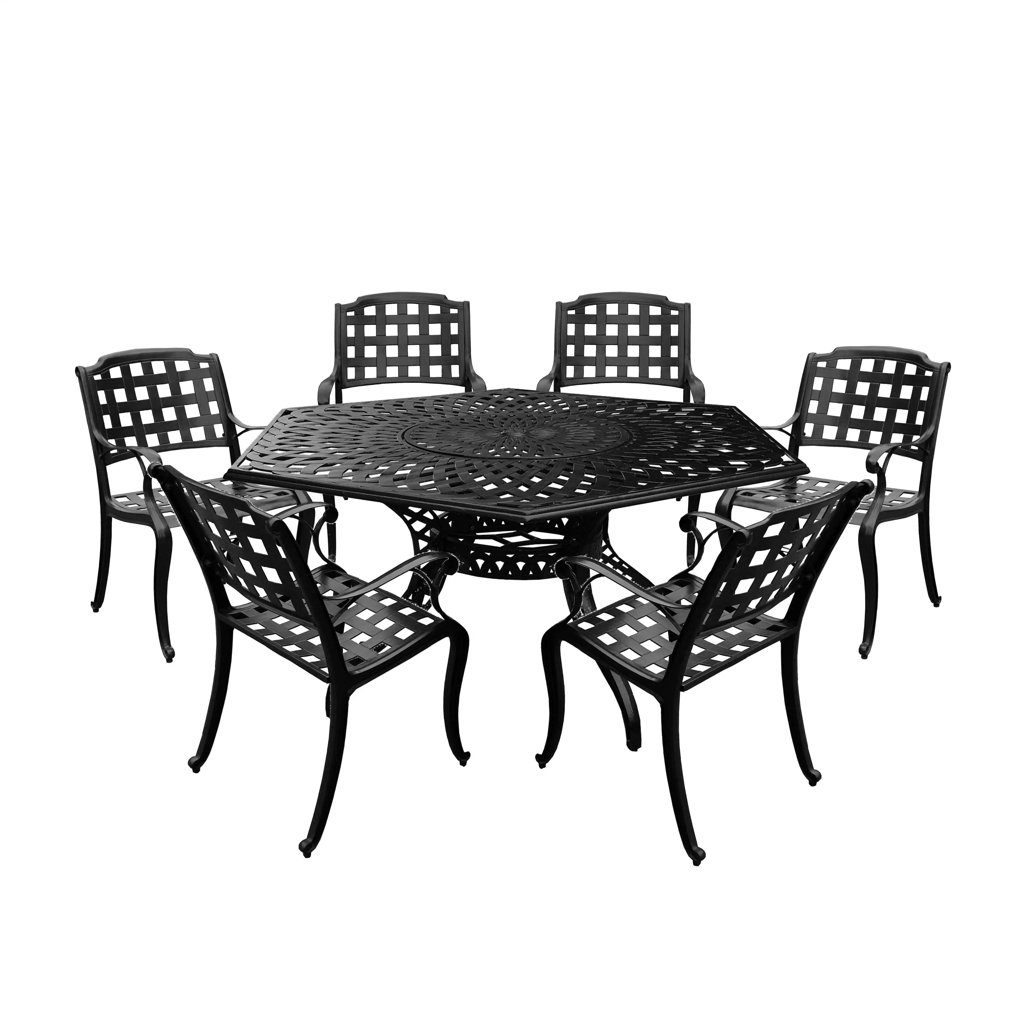 Aluminum 7pc Black Hexagon Patio Dining Set. Lazy Susan. Six Chairs