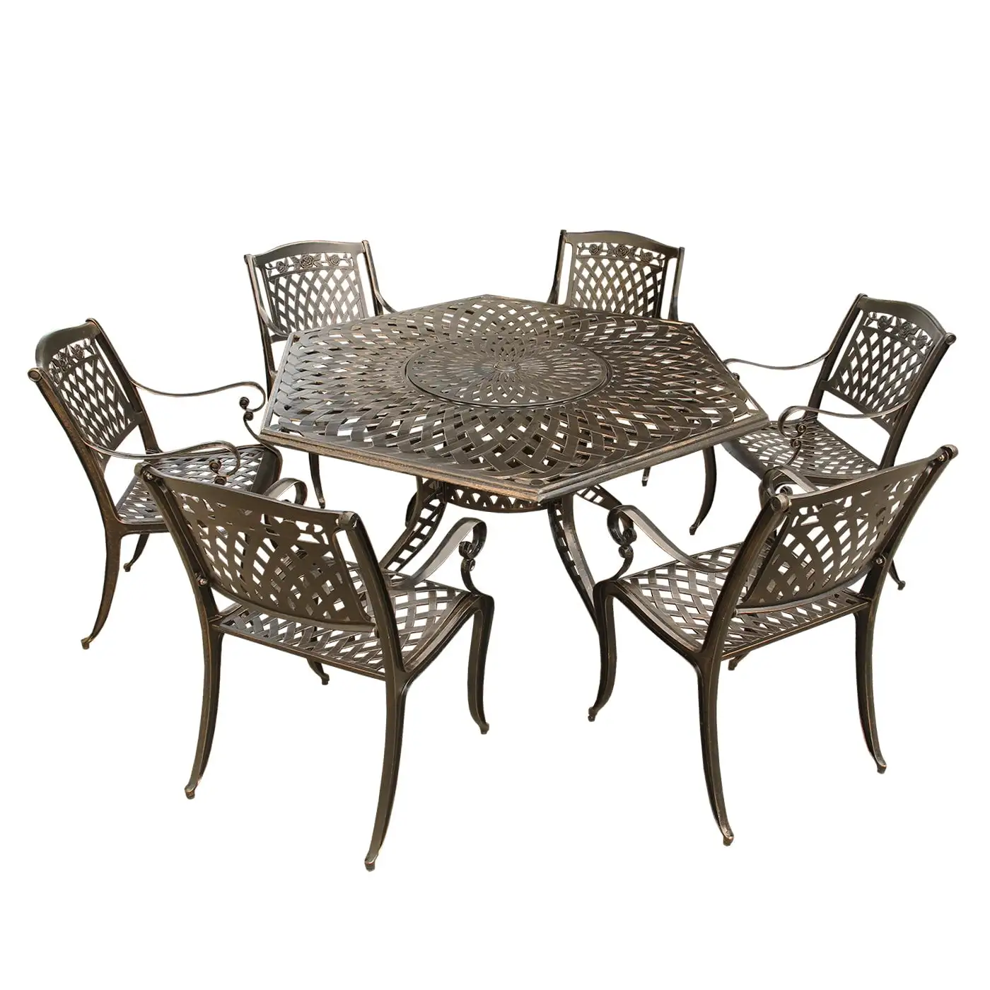 Aluminum 7pc Hexagon Rose Patio Dining Set. Lazy Susan. Six Chairs