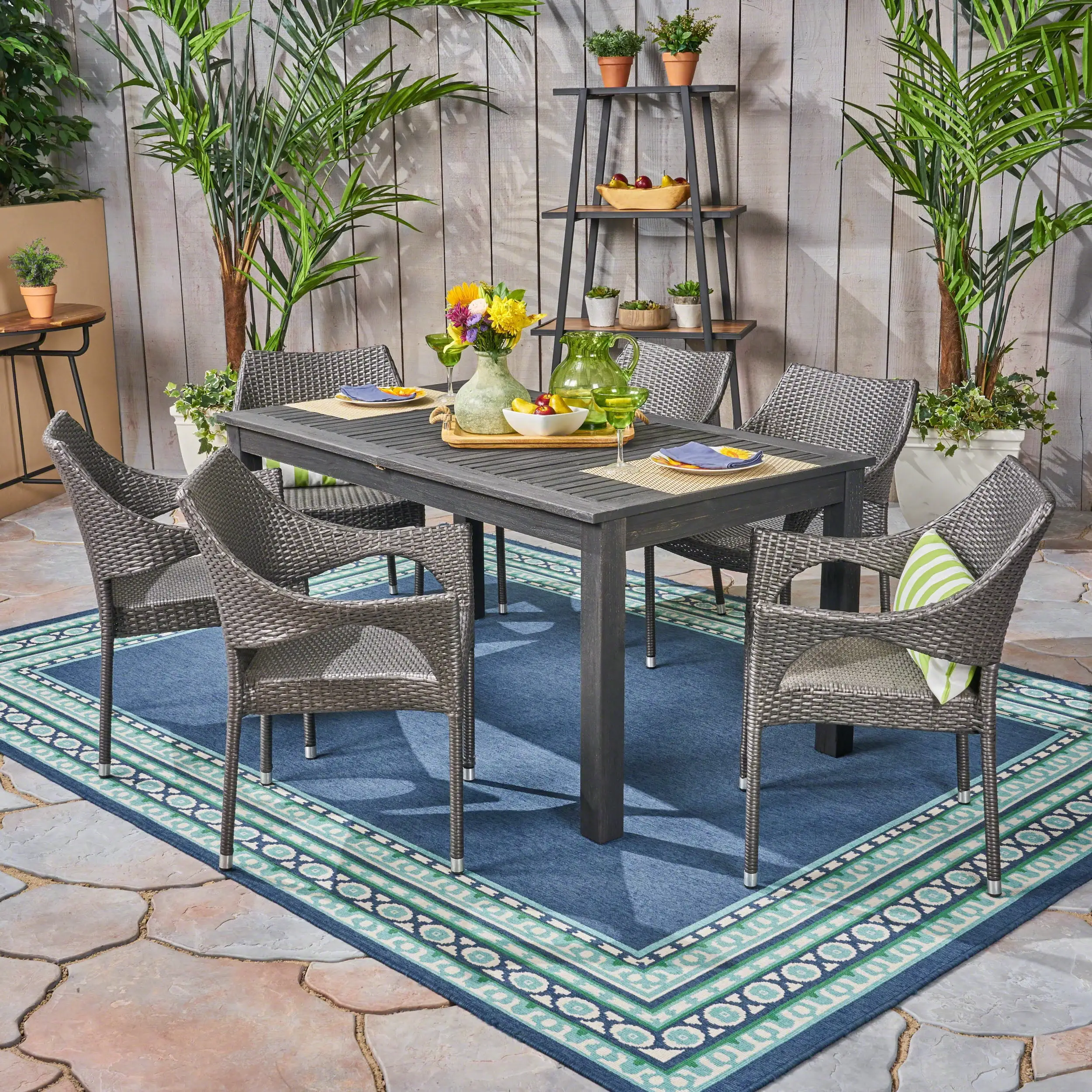 Amayah Outdoor 7 Piece Wood and Wicker Expandable Dining Set. Sandblast Dark Gray. Gray