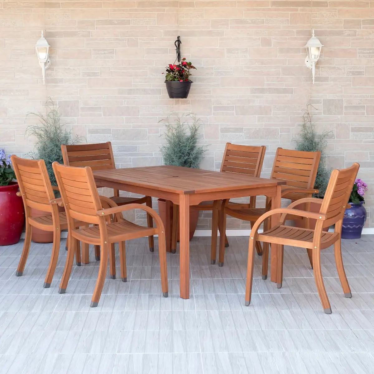 Amazonia Arizona 7-piece Patio Rectangular Table Dining Set | Eucalyptus Wood | Ideal for Outdoors and Indoors. Brown