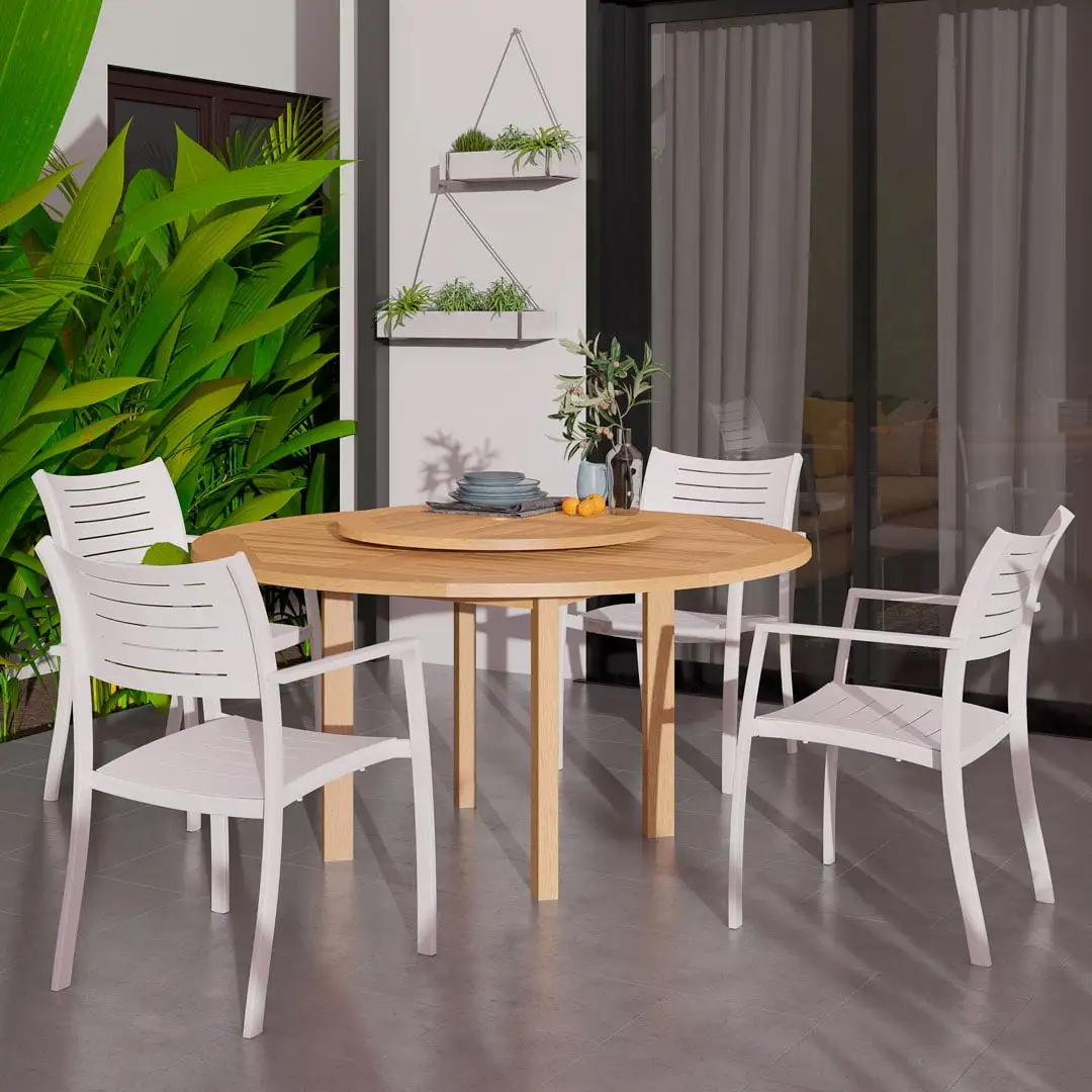 Amazonia Auckland 5 Pieces Lazy Susan Teak Finish Round Patio Dining Set. Seating Capacity: 4