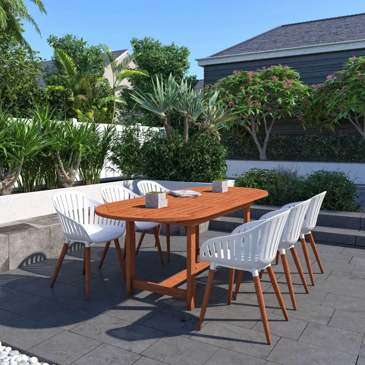 Amazonia Golden 7 Pieces Eucalyptus Wood Oval Outdoor Dining Set. Ideal for Patio