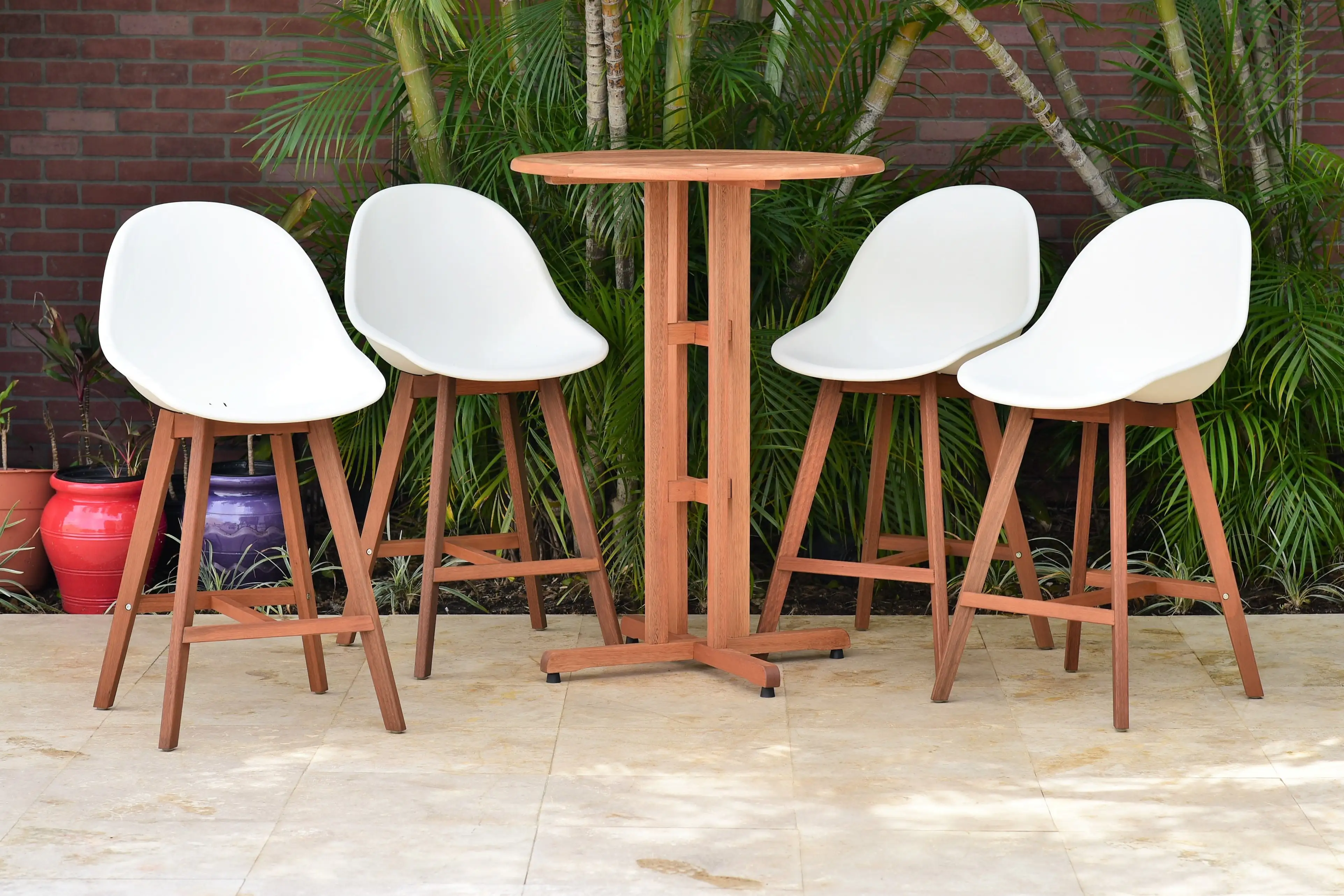 Amazonia Mons Eucalyptus Wood 5 Pieces Round Wood Patio Bar Set. Seating Capacity: 4