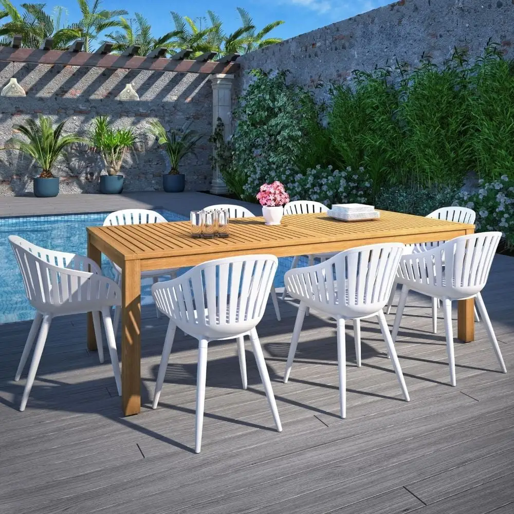 Amazonia Paraty 9-Piece Patio Dining Table Set. Teak Finish & Aluminum. Ideal for Outdoors and Indoors. White