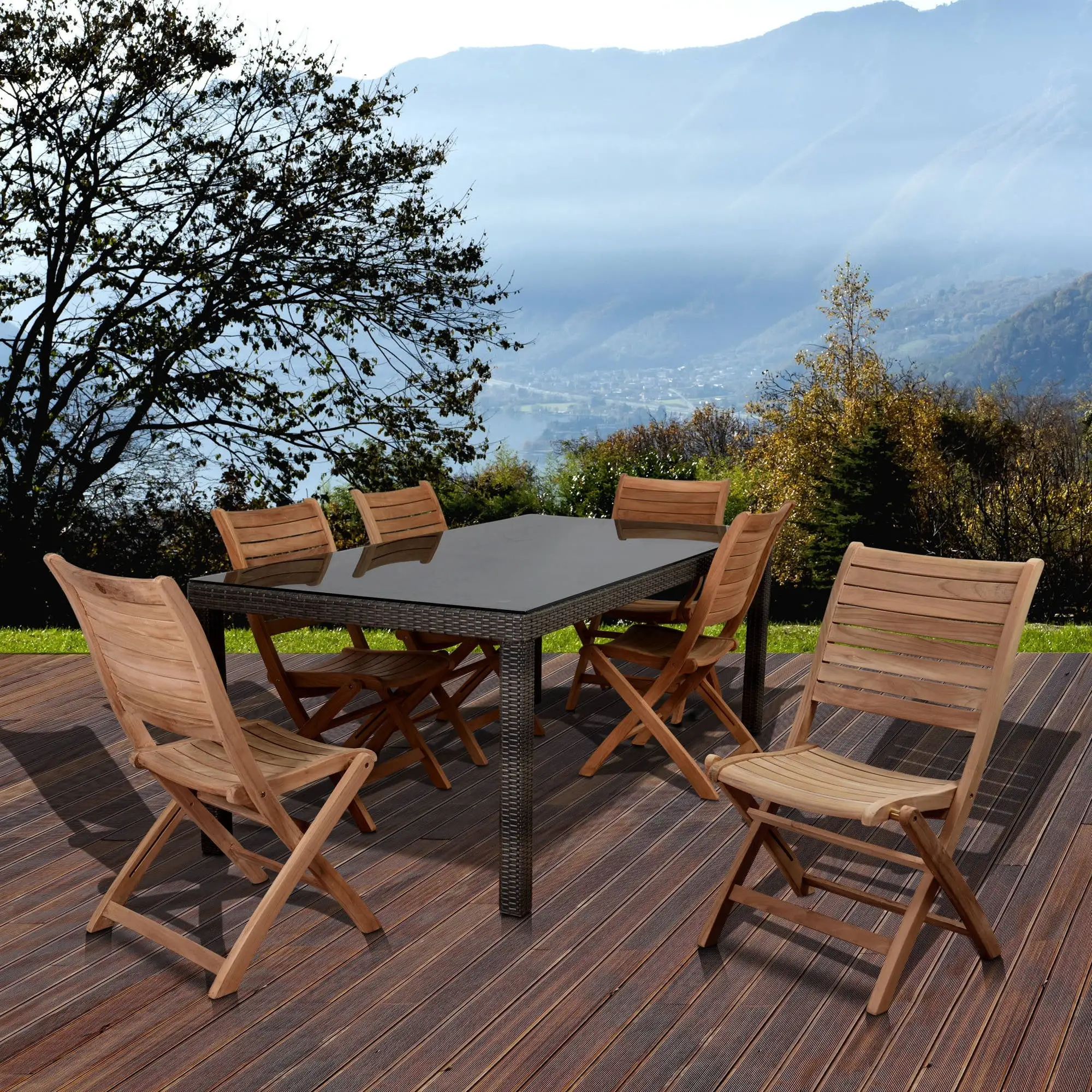 Amazonia Patio Dining Set with 6 Folding Palu Teak Chairs. Seating Capacity: 6