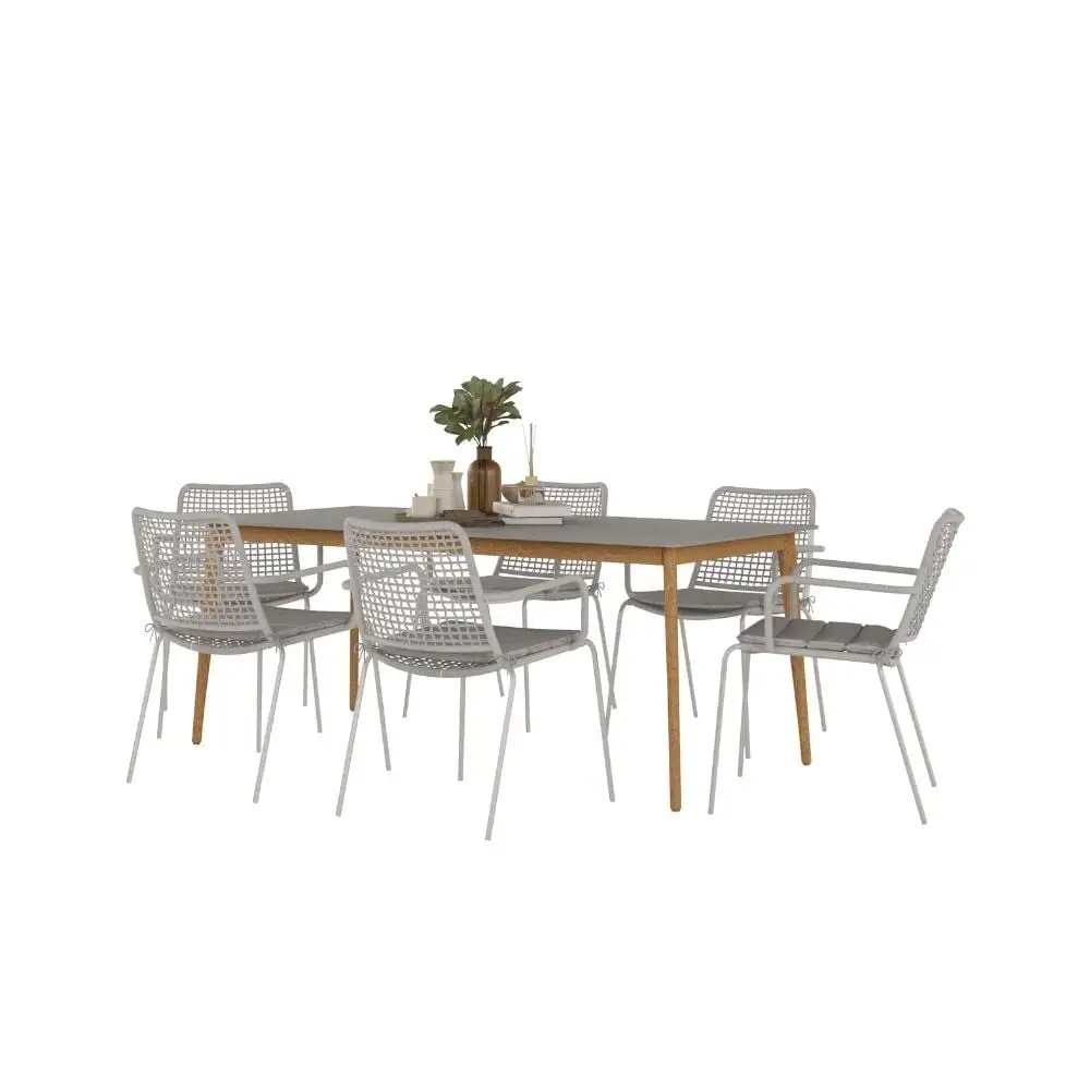 Amazonia Swansea 7-Piece Patio Rectangular Dining Table Set | Eucalyptus Wood | Ideal for Outdoors and Indoors. Grey Cushions