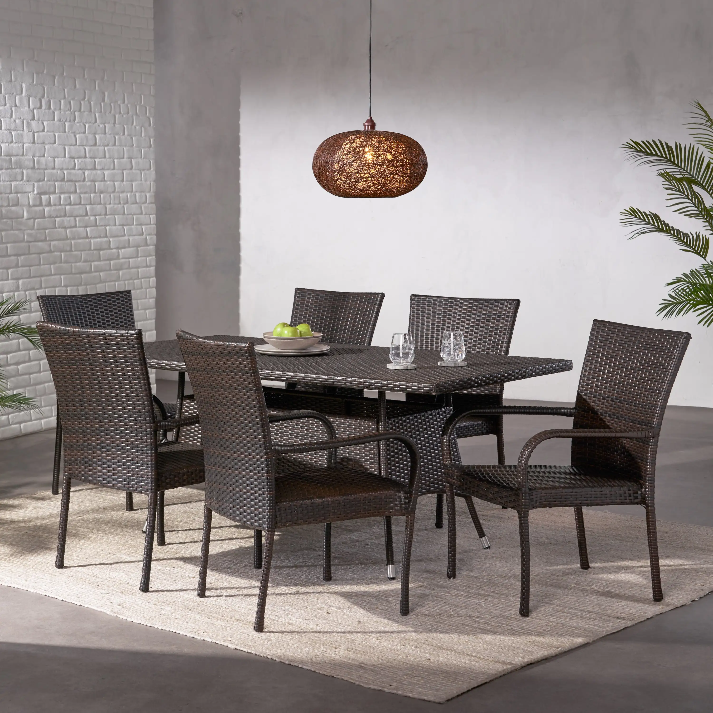 Amelia 7 Piece Outdoor Rectangular Wicker Dining Set. Multibrown