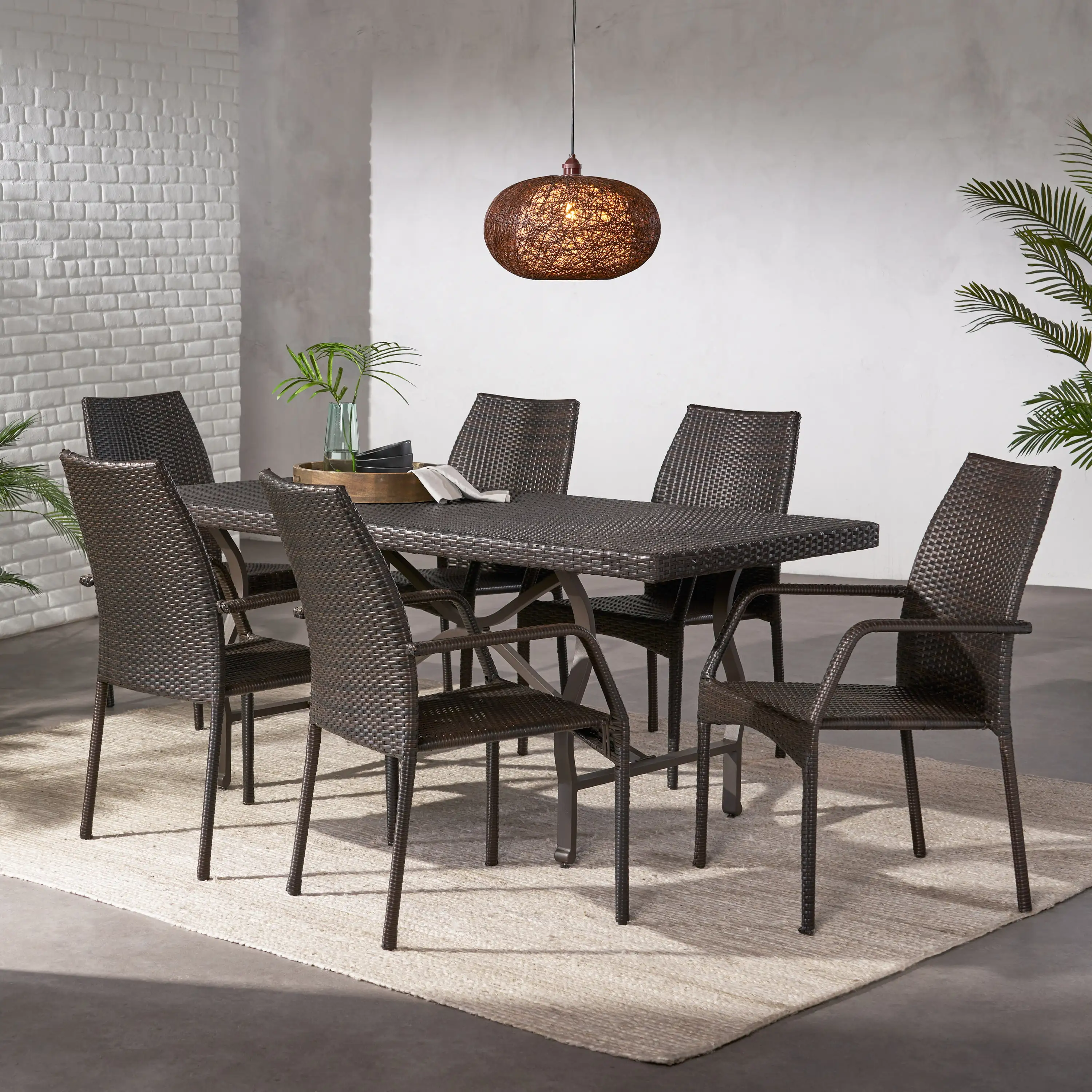 Amelia Outdoor 7 Piece Wicker Dining Set. Multibrown