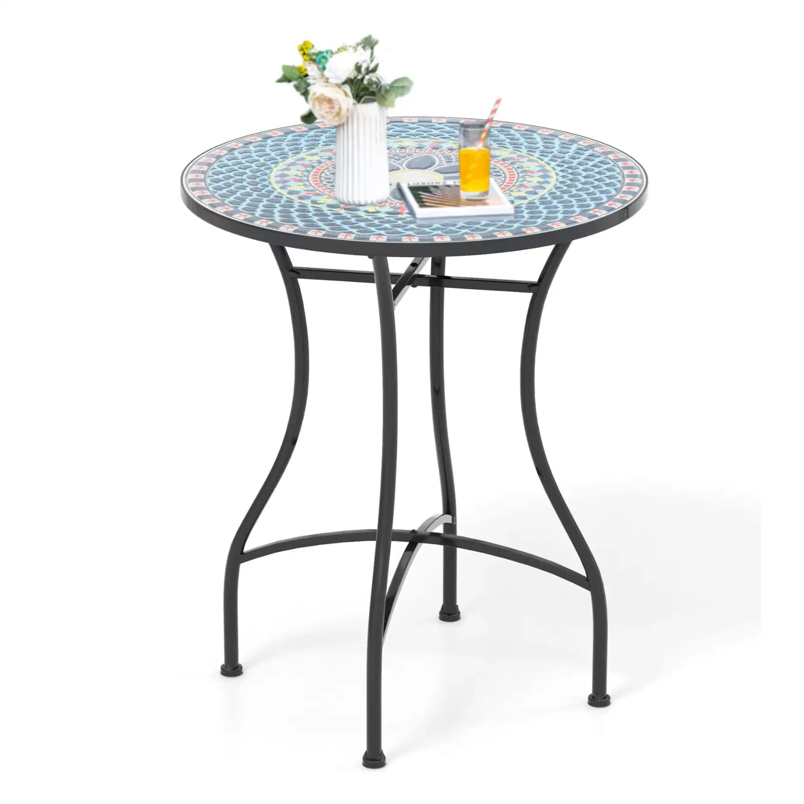 Amijoy 24 Inch Patio Bistro Table. Mosaic Round Table w/ Ceramic Tile Tabletop. Heavy-Duty Metal Structure. Decorative Outdoor Dining Table