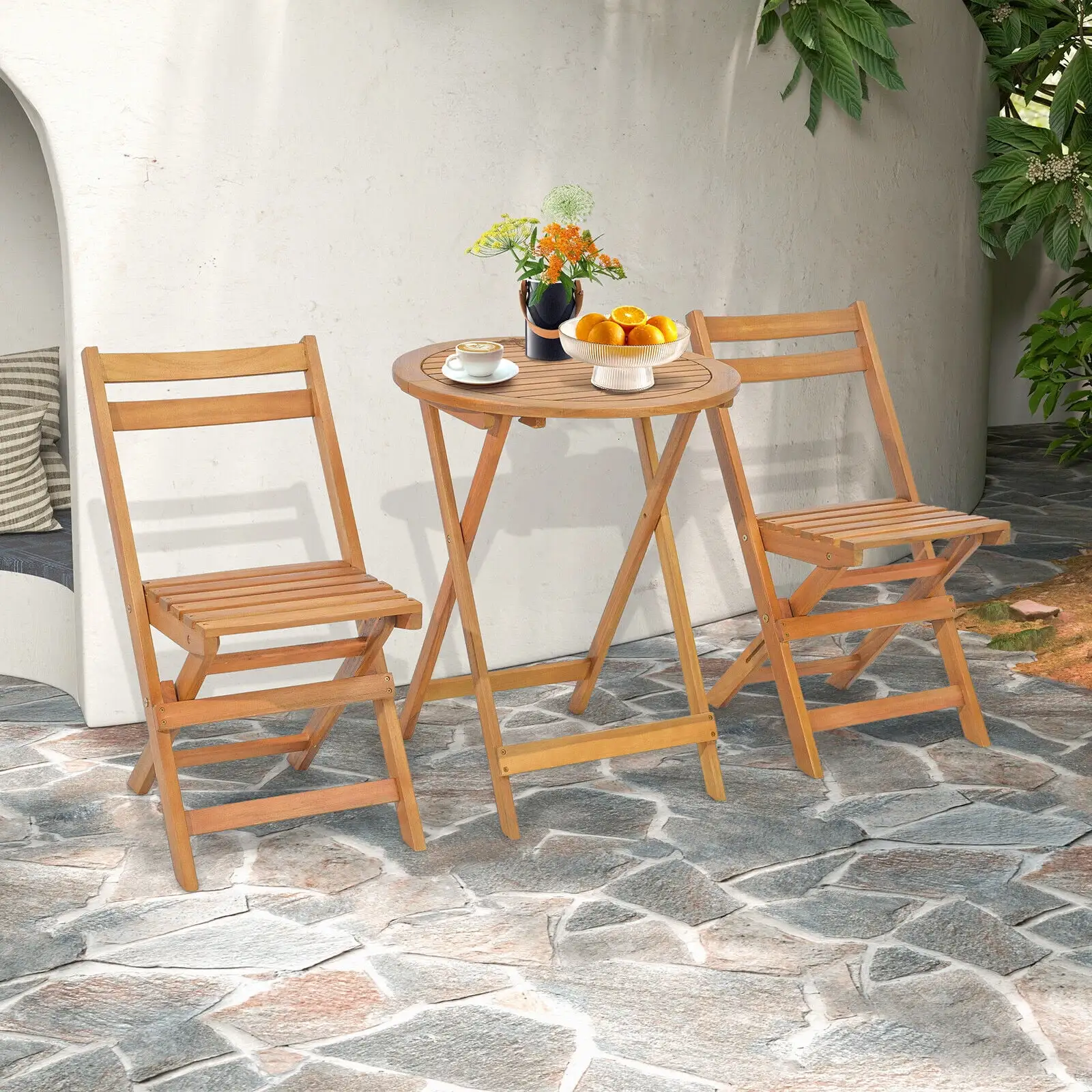 Amijoy 3 Piece Folding Deck Bistro Set. Solid Acacia Table and Chairs with Slatted Table Top. Backrests and Seats. Collapsible Outdoor Furniture Set. Patio. Backyard. Garden. Nature