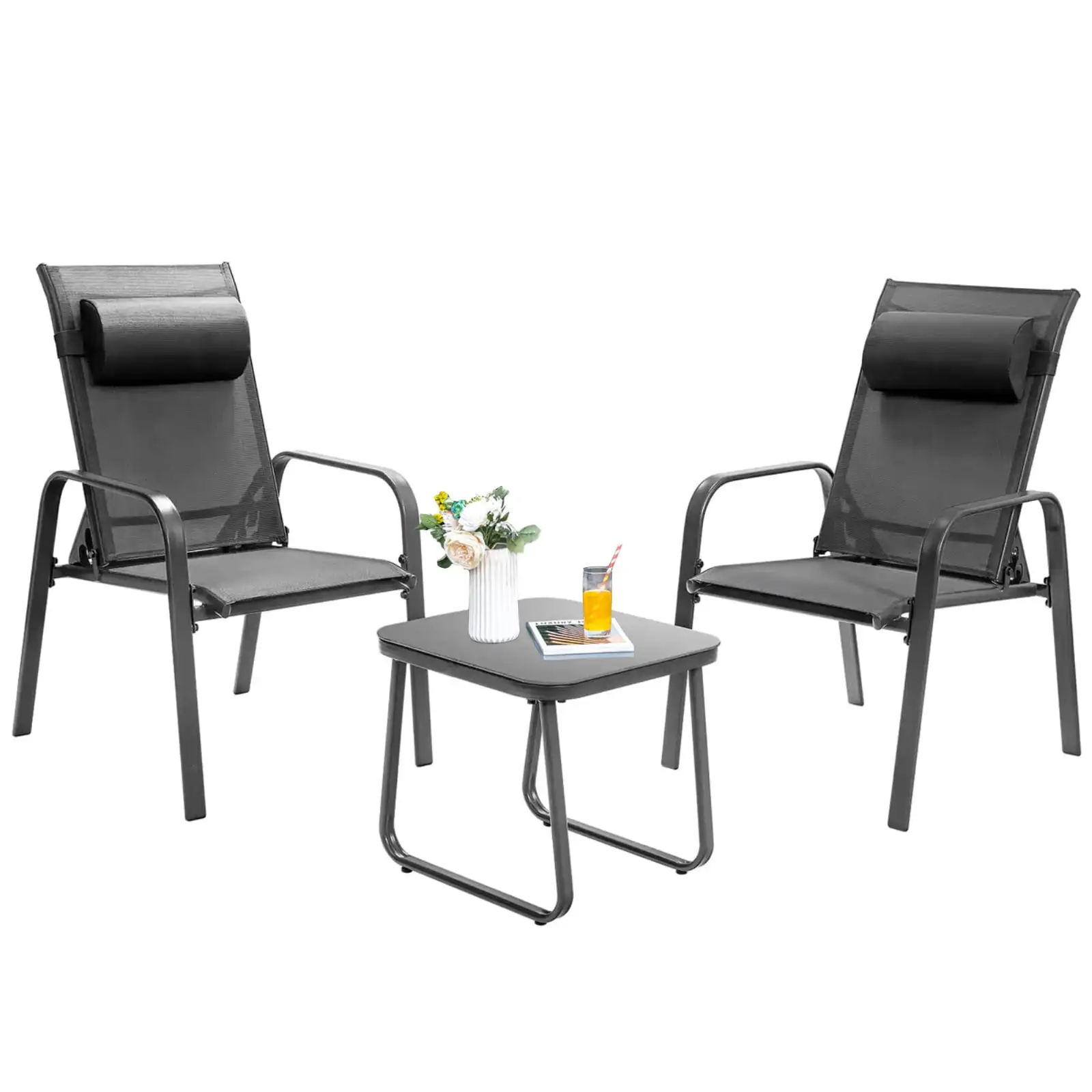 Amijoy 3-Piece Outdoor Bistro Set. Patio Stackable Chairs with Adjustable & Folding Backrest and Removable Headrest and Tempered Glass Coffee Table Set