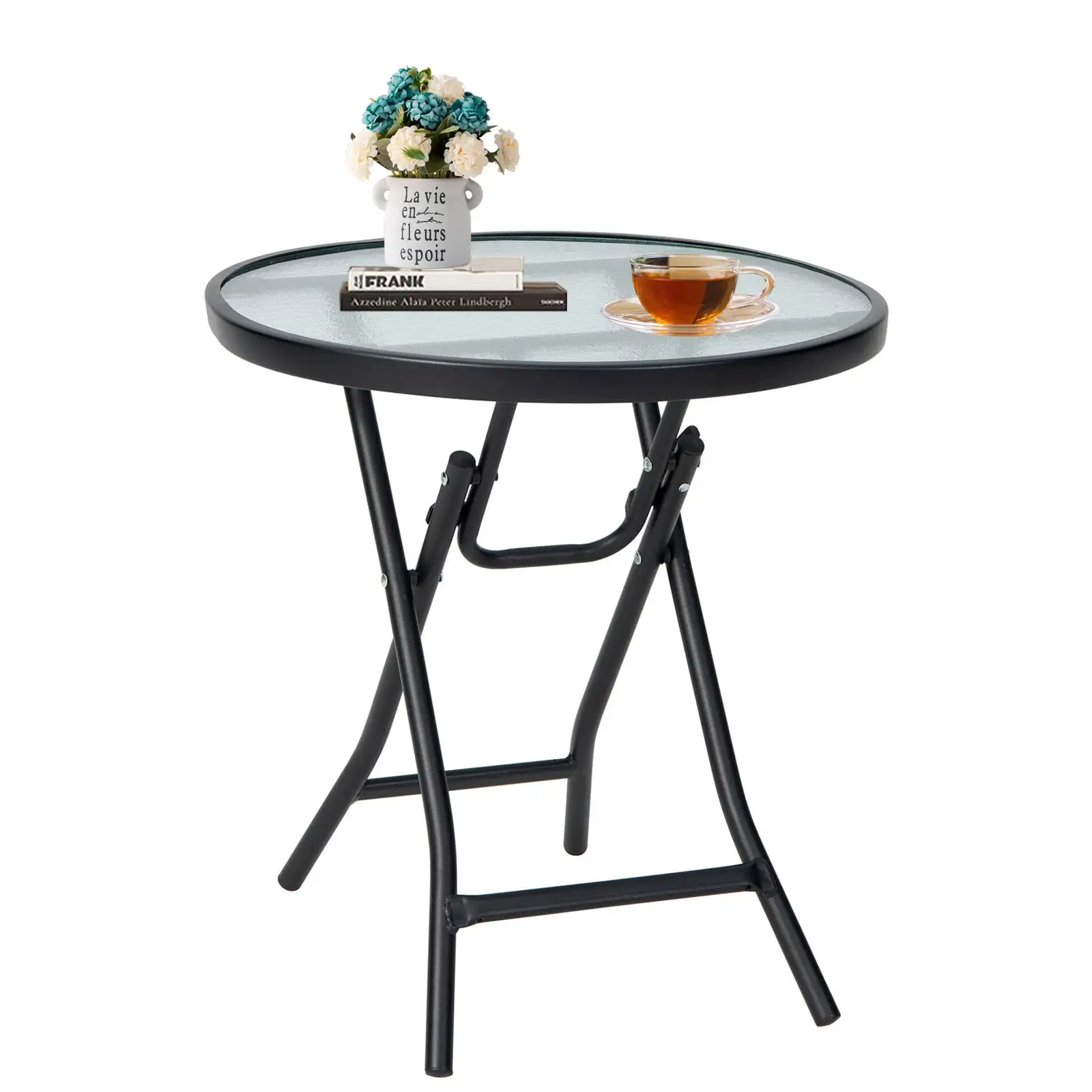 Amijoy Patio Folding 18 Glass Side Table. Portable Round Bistro Coffee Table with Tempered Glass Tabletop. Indoor & Outdoor Use