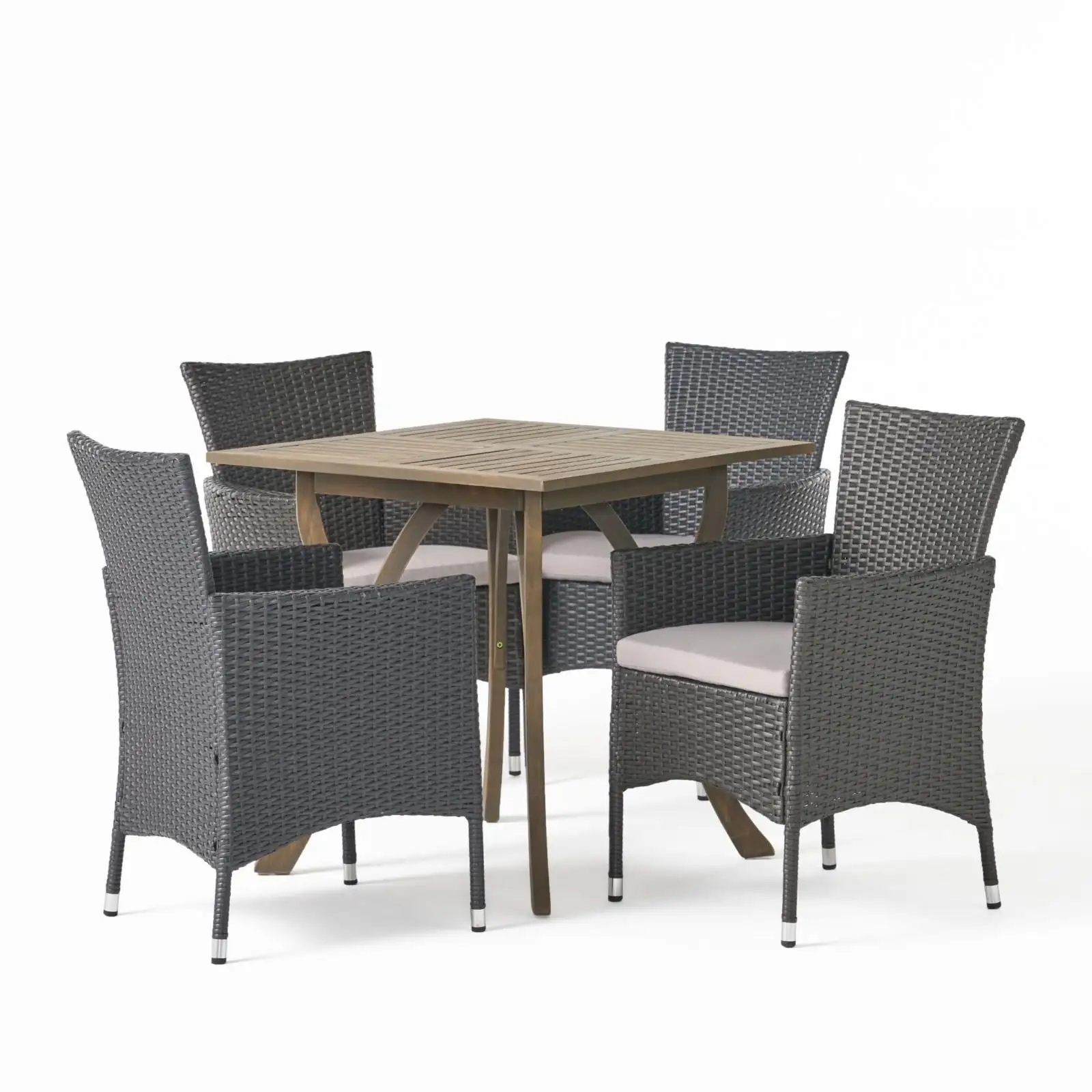 Amonee Outdoor Acacia Wood and Wicker 5 Piece Dining Set with Cushions - Teak - Multibrown - and Beige