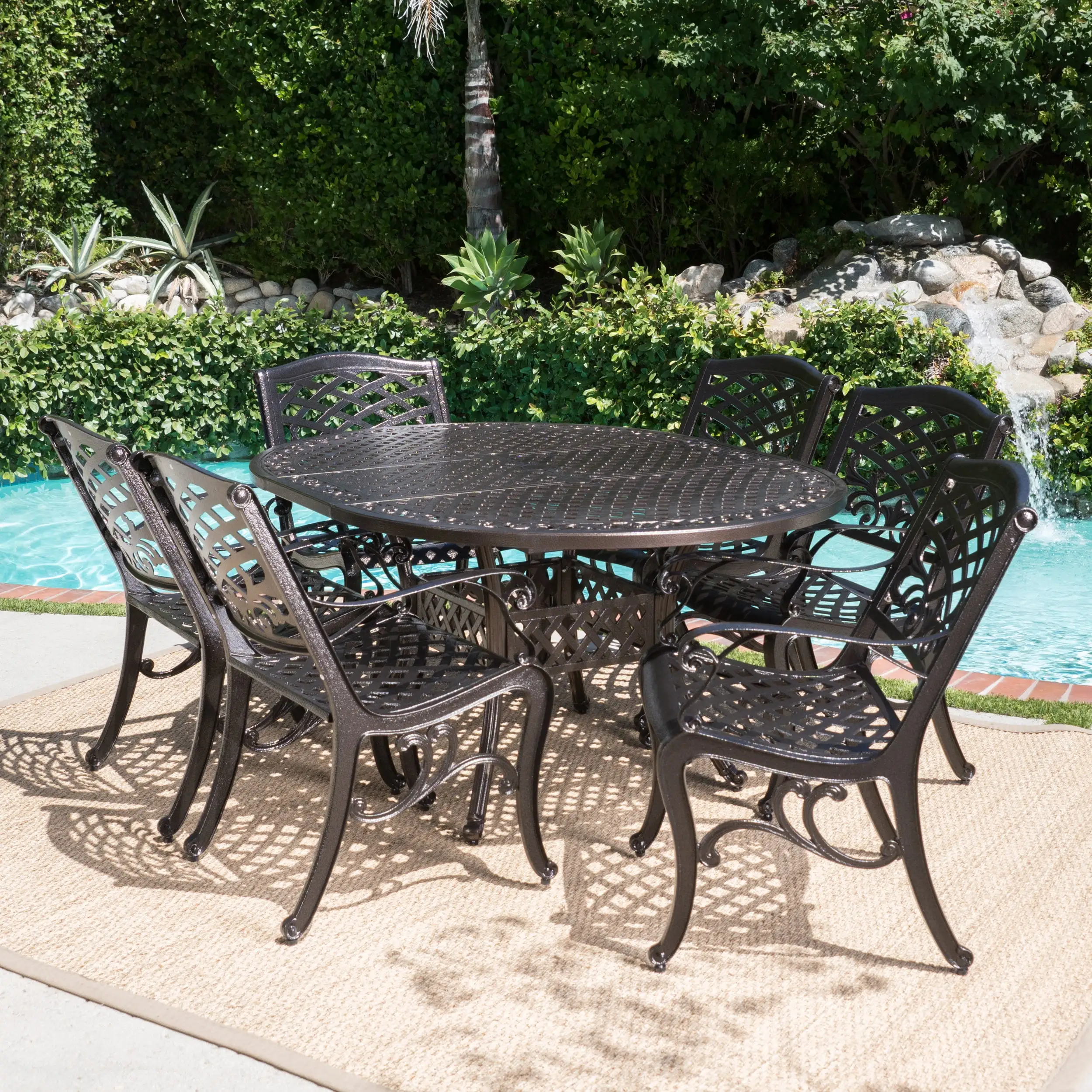 Andria Outdoor 7 Piece Aluminum Dining Set with Expandable Dining Table. Hammered Bronze