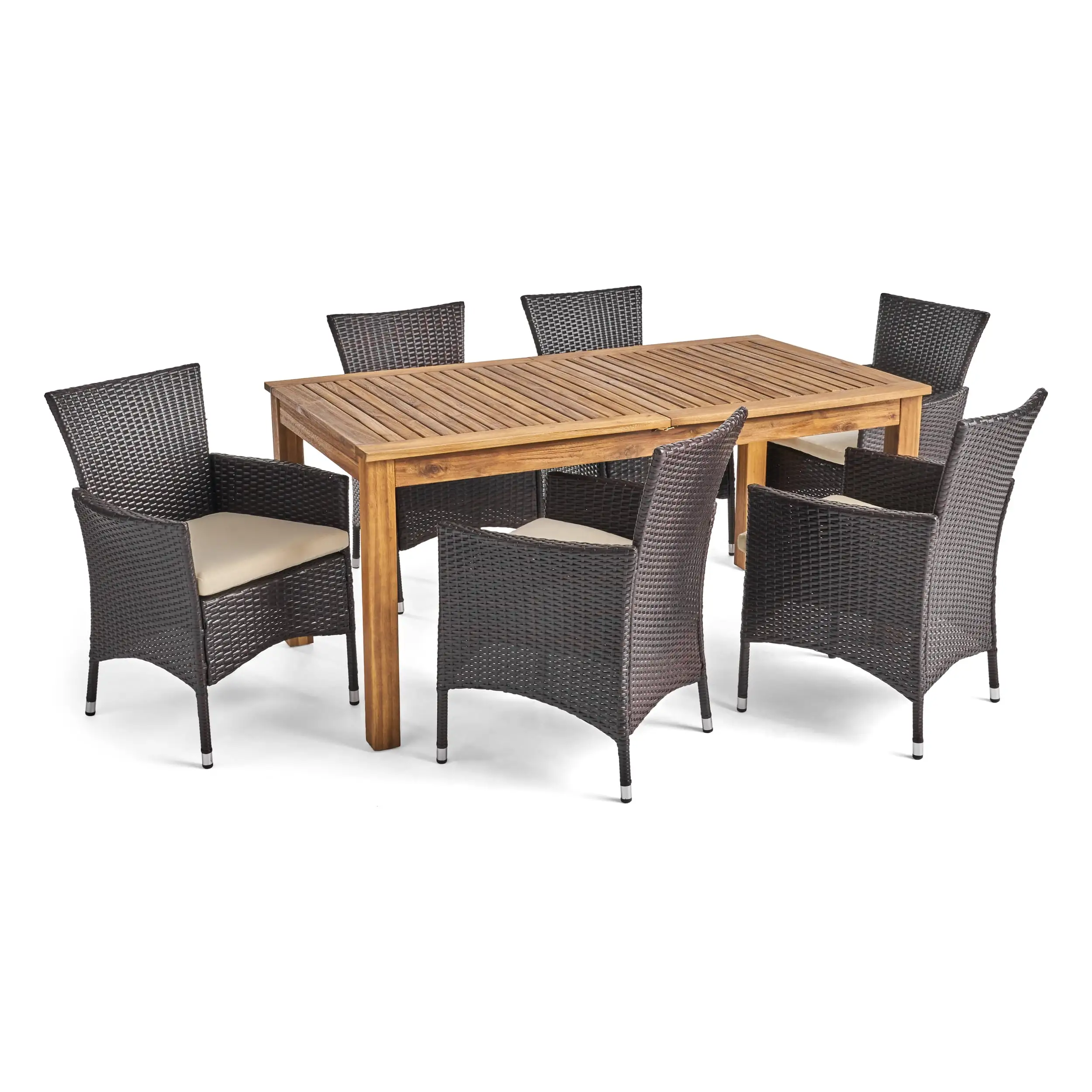 Annalise Outdoor 7 Piece Acacia Wood and Wicker Expandable Dining Set with Cushions. Sandblast Natural Stained. Multi Brown. Beige