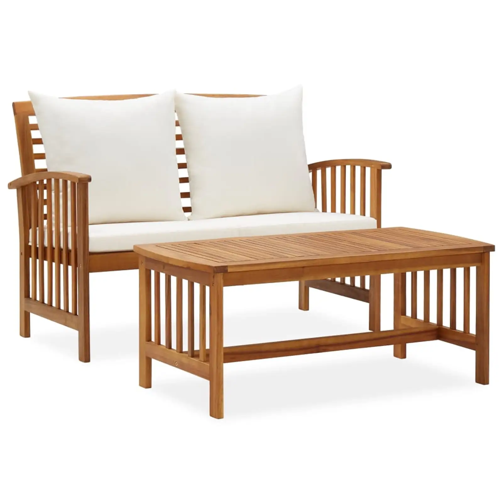 Anself 2 Piece Patio Lounge Set with Cream Cushions Garden Bench Chair and Coffee Table Conversation Set Acacia Wood Outdoor Sectional Sofa Set for Garden. Balcony. Yard. Deck