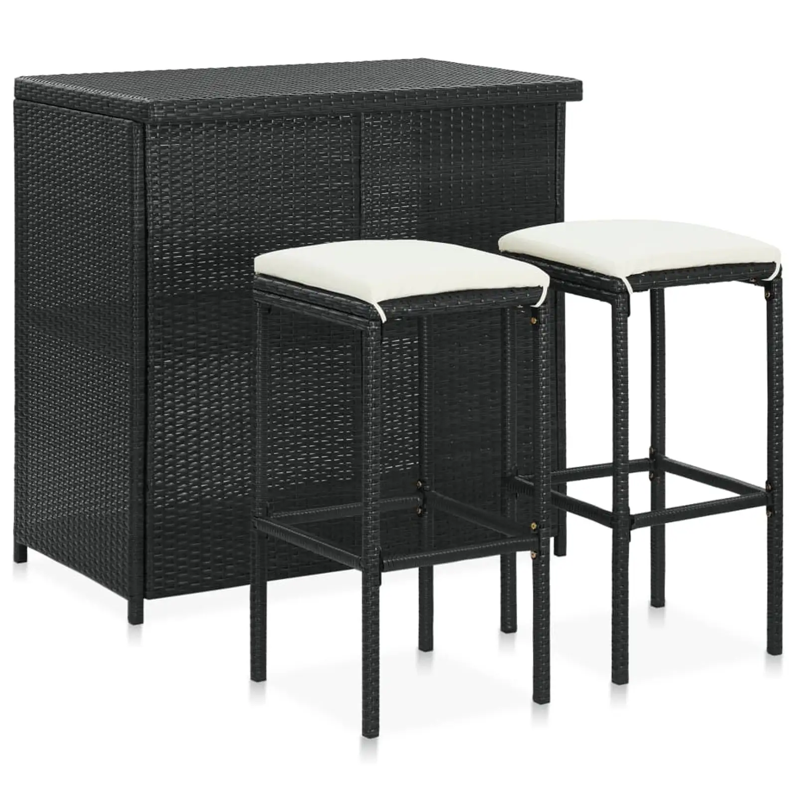 Anself 3 Piece Bar Set Counter Height Table and 2 Stool Chairs with Seat Cushion Dining Set Black Poly Rattan Bistro Set for Bar. Pub. Garden. Backyard. Patio. Indoor Furniture