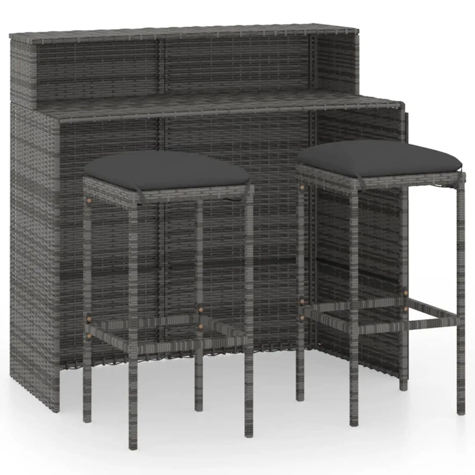 Anself 3 Piece Garden Bar Set Table with Storage Shelf and 2 Cushioned Stool Chairs Outdoor Dining Set Gray Poly Rattan for Bistro. Pub. Backyard. Terrace. Patio