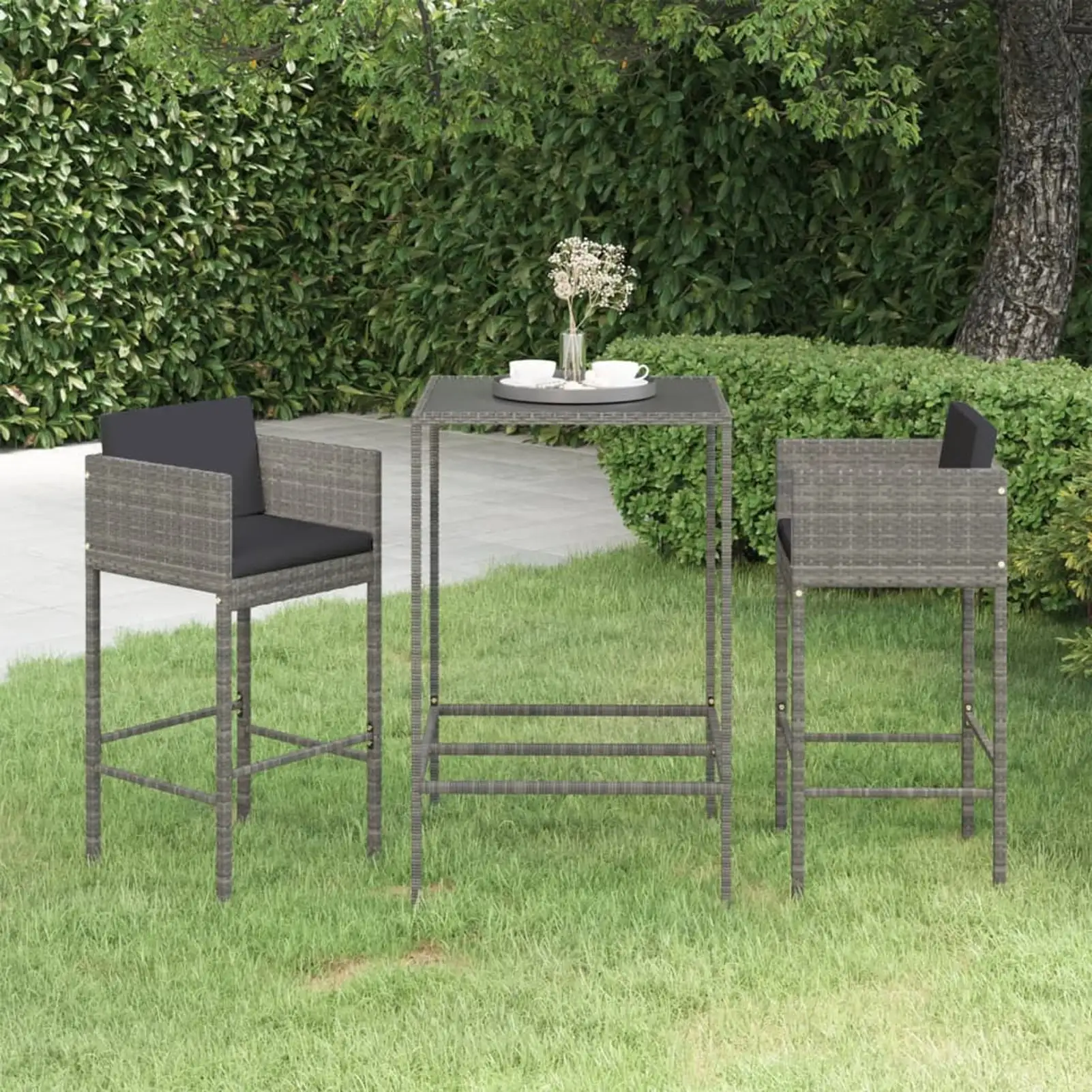 Anself 3 Piece Patio Bar Set. Glass Tabletop Table and 2 Stool Chairs with Footrest and Cushions. Poly Rattan Steel Frame for Bar. Patio. Balcony. Garden. Yard. Lawn. Terrace