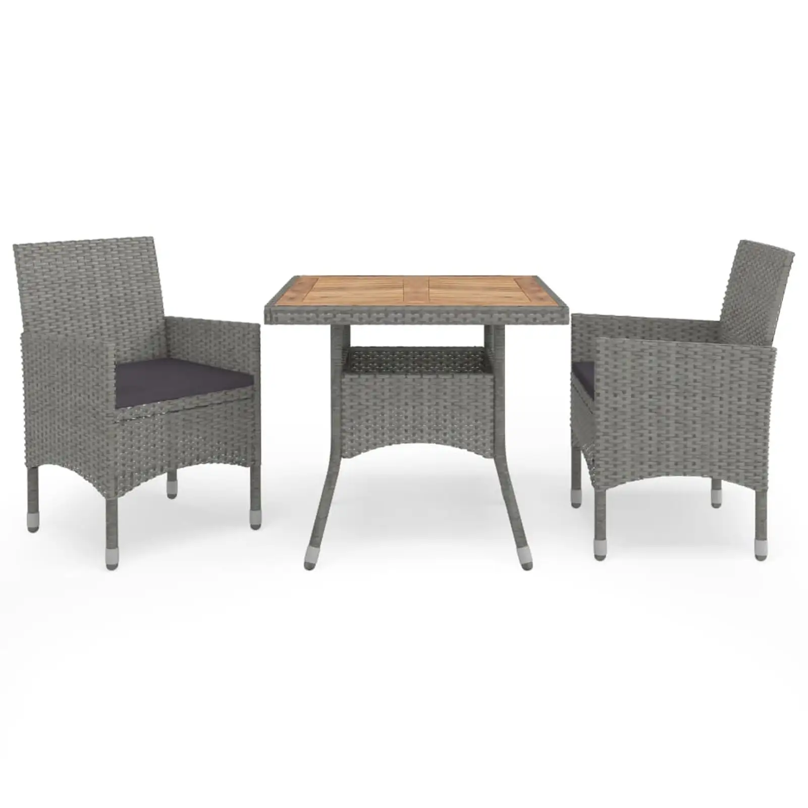 Anself 3 Piece Patio Dining Set Acacia Wood Tabletop Garden Table and 2 Chair with Cushion Gray Poly Rattan Bistro Set for Garden. Backyard. Balcony. Furniture