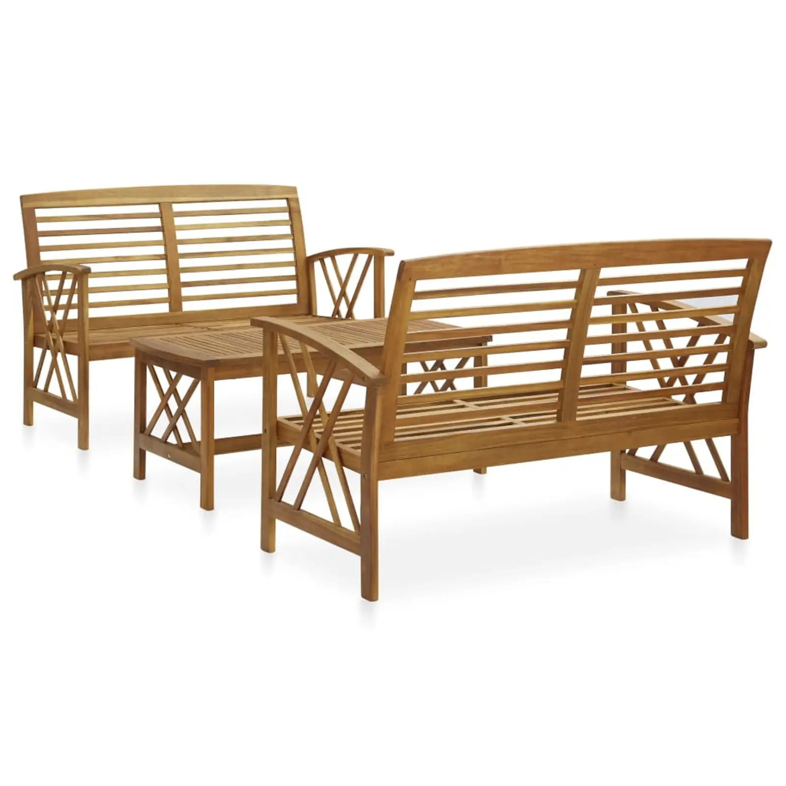 Anself 3 Piece Patio Lounge Set Acacia Wood 2 Garden Bench with Coffee Table Outdoor Conversation Set for Garden. Lawn. Courtyard