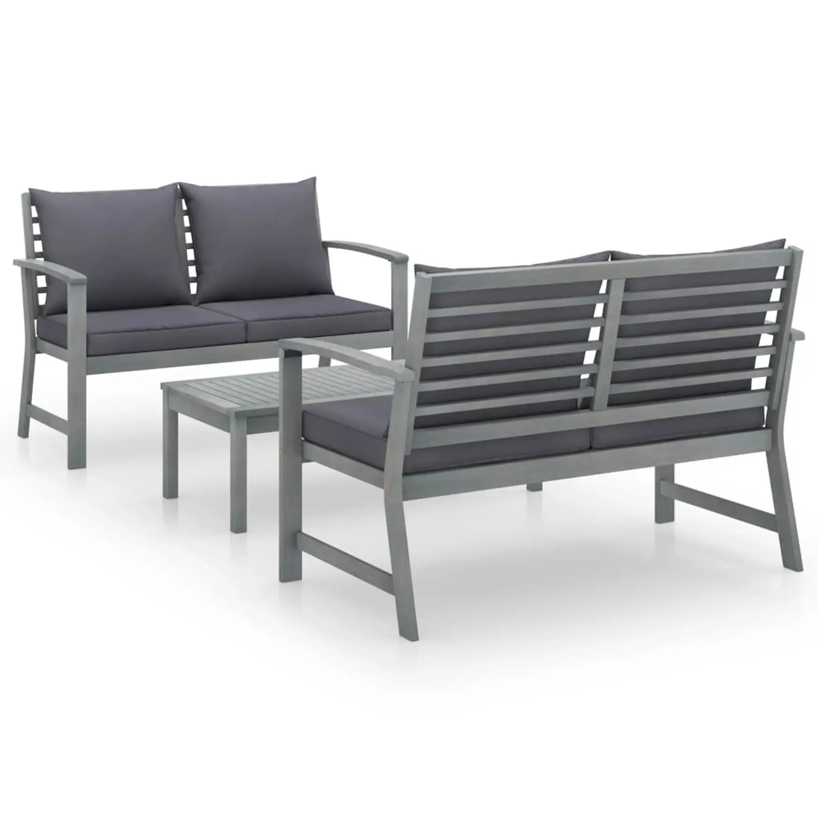 Anself 3 Piece Patio Lounge Set with Cushions 2 Benches and Table Conversation Set Acacia Wood Gray Outdoor Sectional Sofa Set for Garden. Balcony. Yard. Lawn. Deck