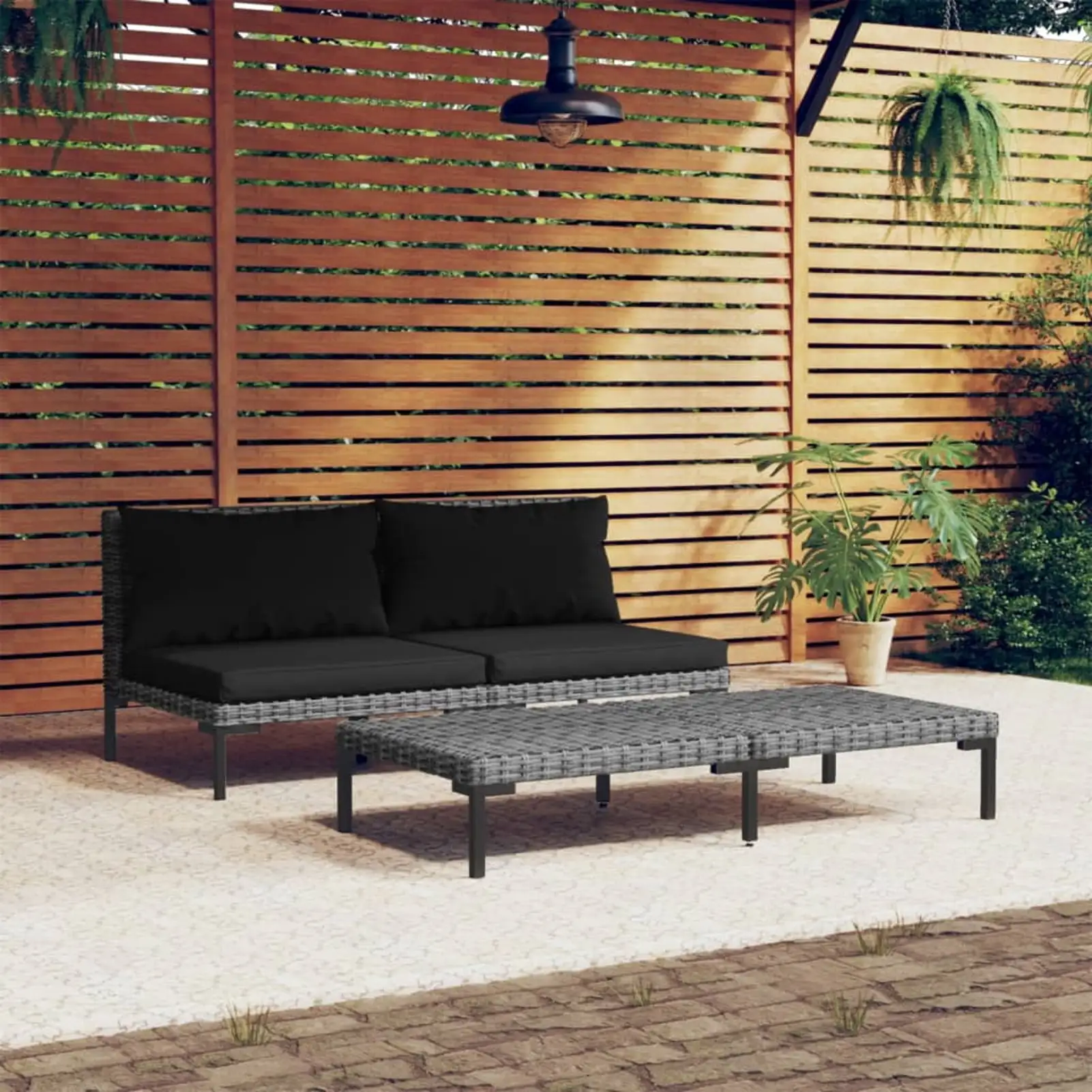 Anself 3 Piece Patio Set with Cushions Dark Gray Half Round Poly Rattan 2 Middle Sofas with Coffee Table Conversation Set Sectional Sofa Set for Garden. Lawn. Courtyard. Balcony