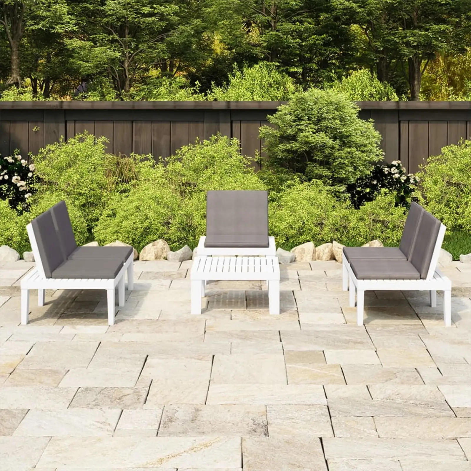 Anself 4 Piece Patio Lounge Set with Anthracite Cushions 2 Benches. Chair and Table Conversation Set Plastic White Outdoor Sectional Sofa Set for Garden. Balcony. Yard. Deck