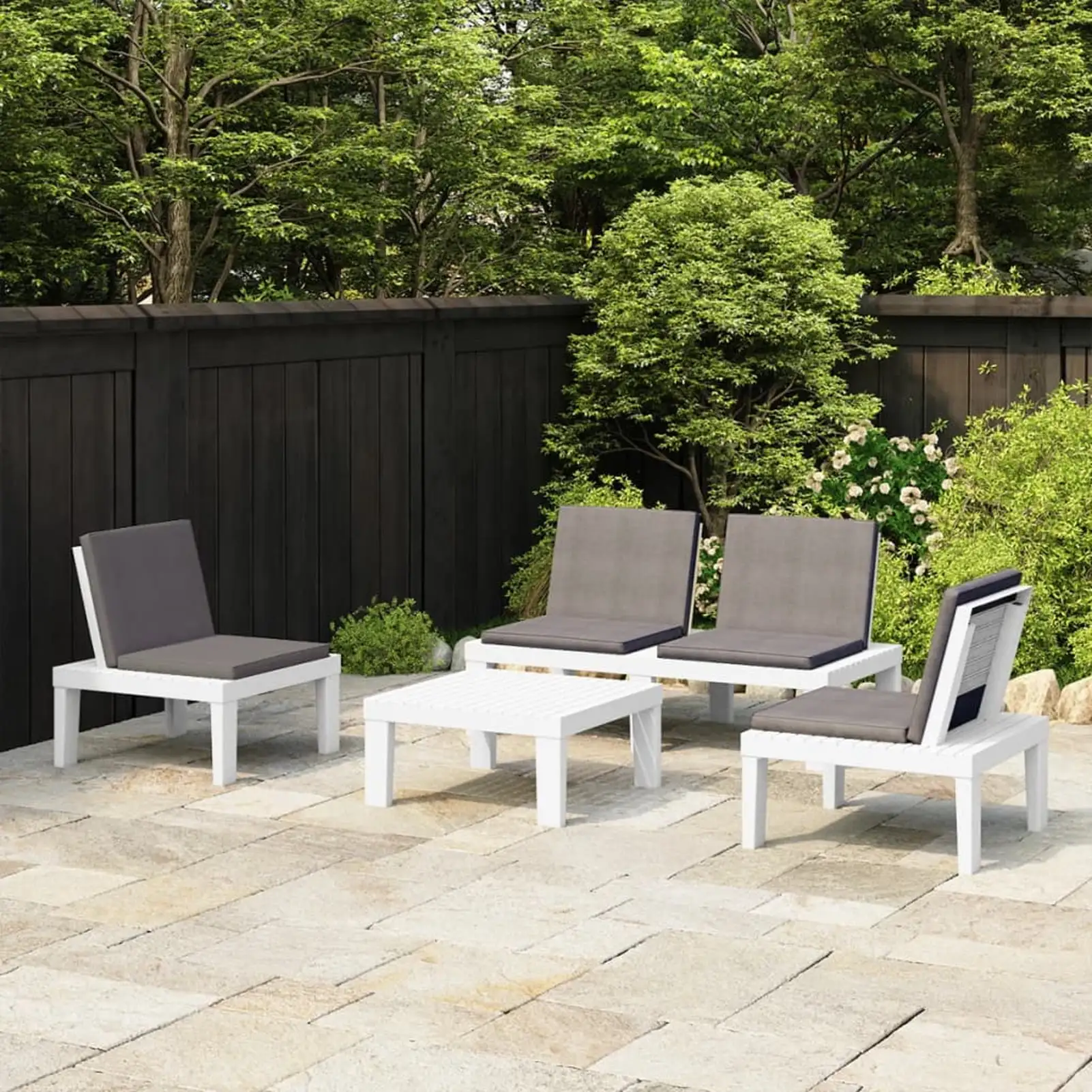 Anself 4 Piece Patio Lounge Set with Anthracite Cushions Bench. 2 Chairs and Table Conversation Set Plastic White Outdoor Sectional Sofa Set for Garden. Balcony. Yard. Deck