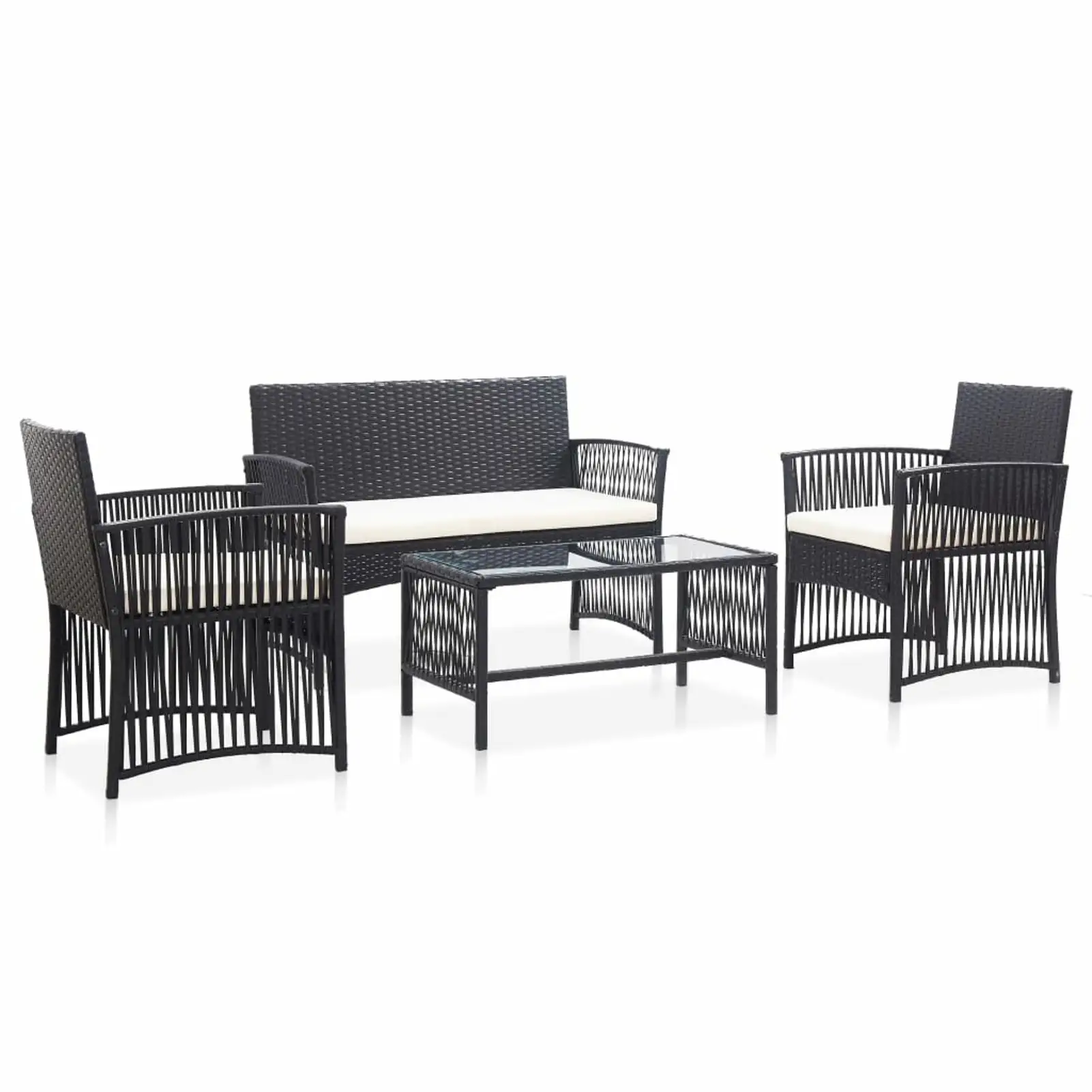 Anself 4 Piece Patio Lounge Set with Cream White Cushions 2 Chair with Bench and Coffee Table Conversation Set Poly Rattan Outdoor Sectional Sofa Set for Garden. Balcony. Lawn. Yard. Deck