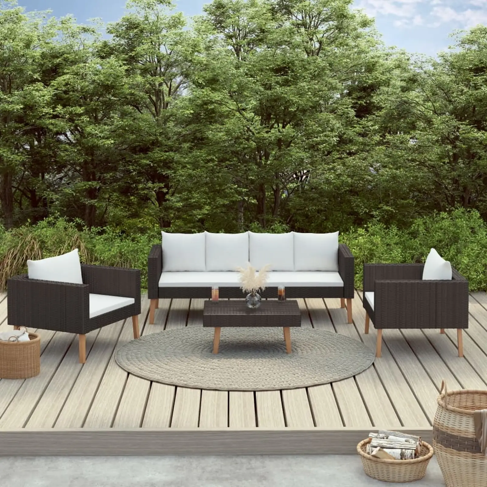 Anself 4 Piece Patio Lounge Set Cushioned 2-Seater Sofa with 2 Single Sofas and Coffee Table Conversation Set Poly Rattan Outdoor Sectional Sofa Set for Garden. Balcony. Lawn. Yard. Deck