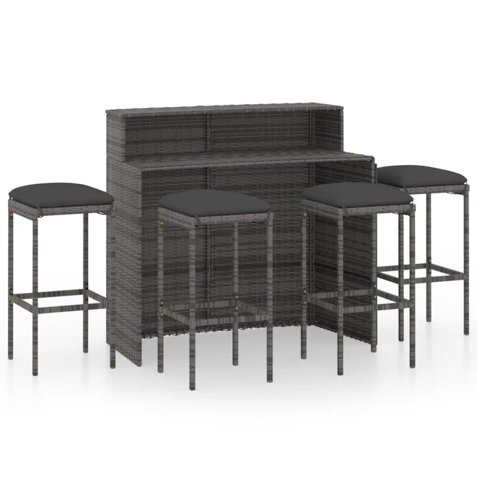 Anself 5 Piece Garden Bar Set Table with Storage Shelf and 4 Cushioned Stool Chairs Outdoor Dining Set Gray Poly Rattan for Bistro. Pub. Backyard. Terrace. Patio