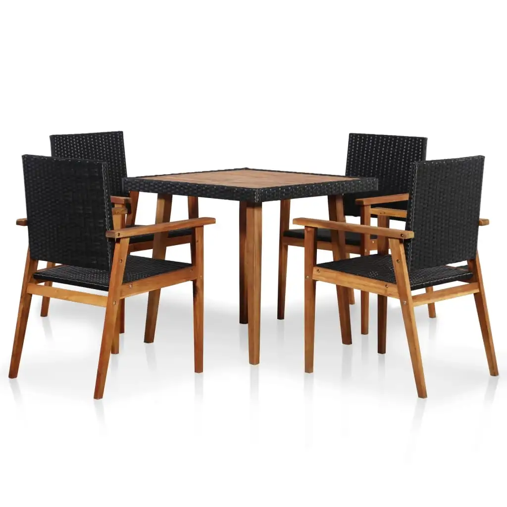 Anself 5 Piece Patio Dining Set Acacia Wood Table with 4 Garden Chairs Poly Rattan Black Conversation Set for Balcony. Yard. Deck. Lawn. Furniture