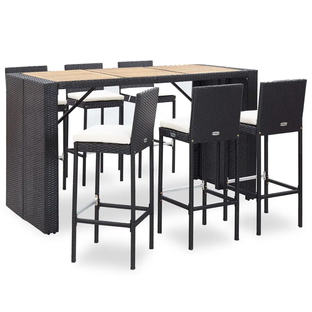 Anself 7 Piece Patio Bar Set Acacia Wood Tabletop Bar Table and 6 Bar Stool Chair with Footrest and Backrest Black Poly Rattan for Patio. Balcony. Garden. Backyard. Furniture