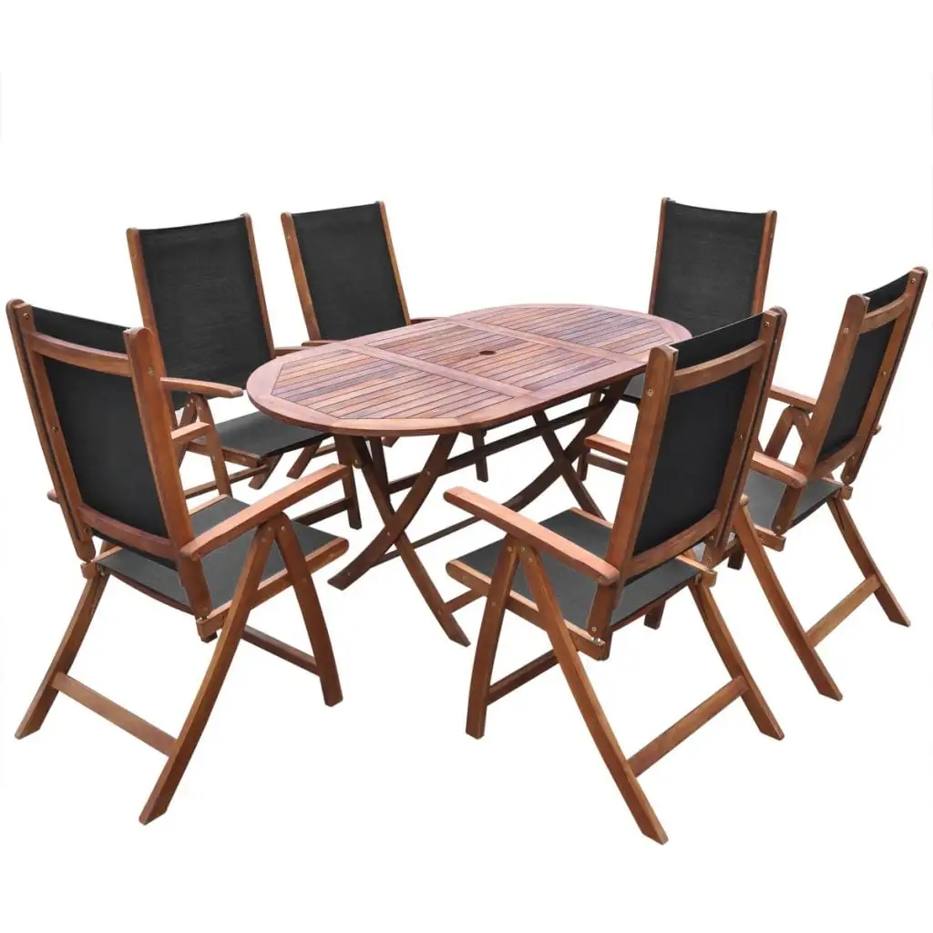 Anself 7 Piece Wooden Patio Dining Set Oval Folding Table with 6 Foldable Five Positions Adjustable Chairs Acaia Wood Furniture Space Saving