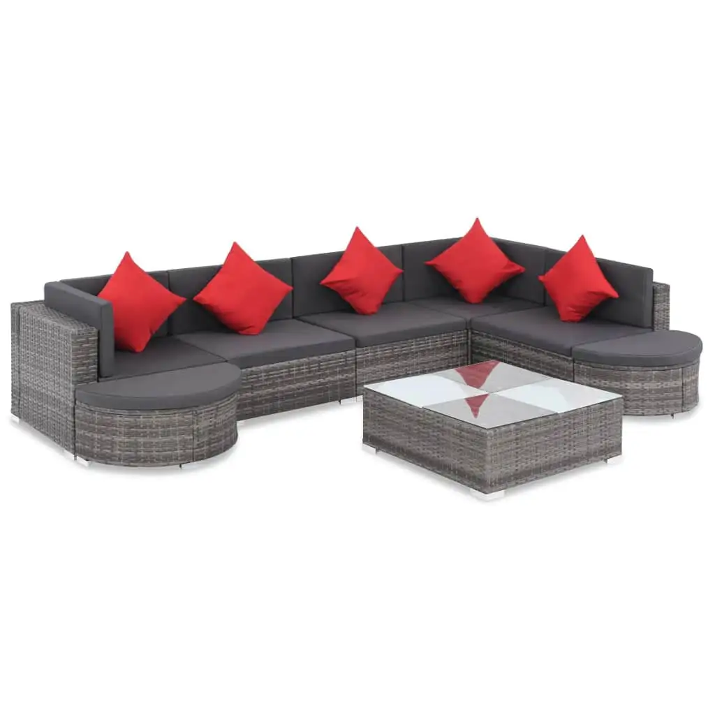 Anself 8 Piece Garden Conversation Set Cushioned 2 Corner with 3 Center Sofa. 2 Half-Round Stool. Coffee Table Gray Poly Rattan Sectional Outdoor Furniture Set for Backyard. Patio. Pool. Balcony