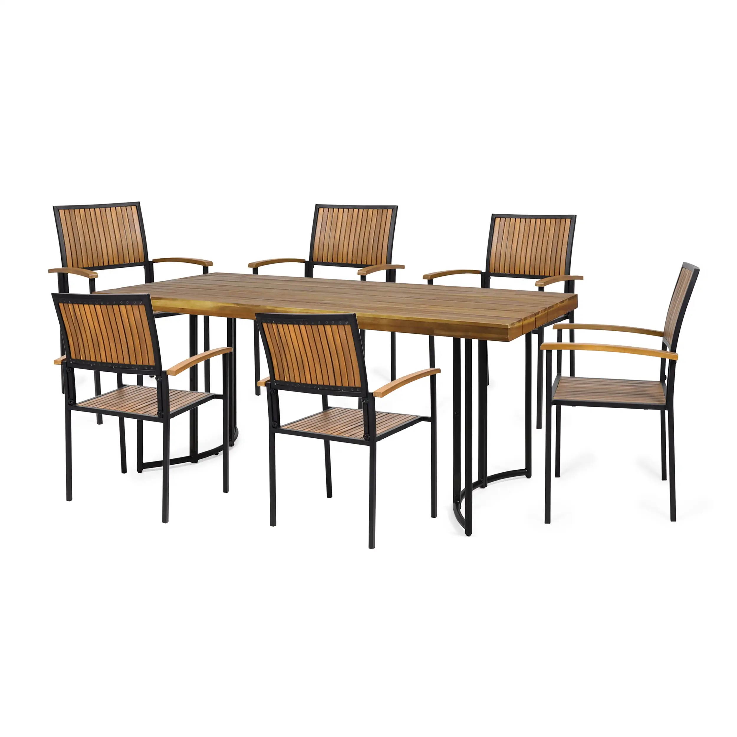 Antonio Outdoor Modern Industrial 7 Piece Acacia Wood Dining Set. Teak. Black