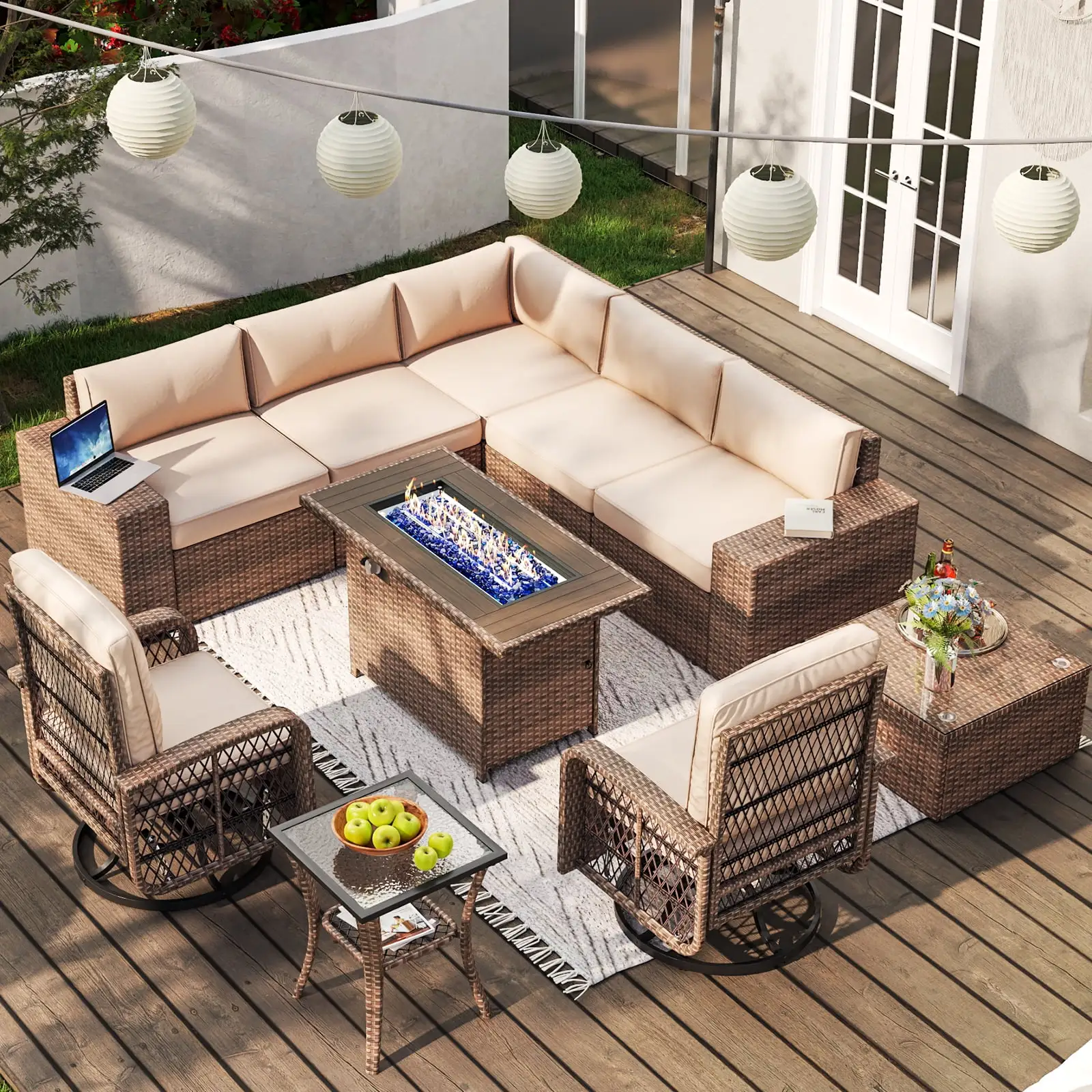 Aoxun 10pcs Patio Conversation Set with Fire Pit Table . Outdoor PE Rattan Sectional Sofa Sets with Swivel Chairs for Backyard.Beige